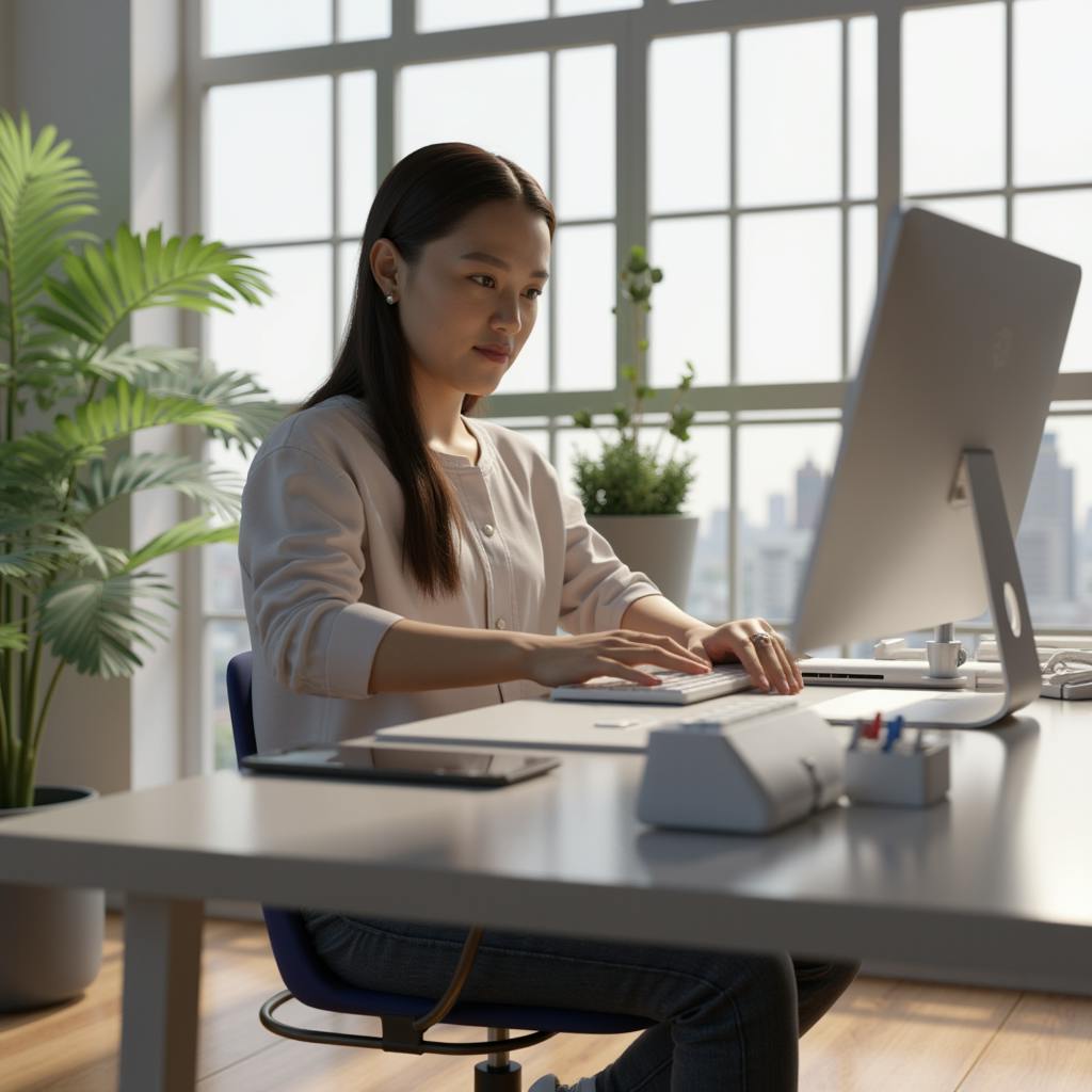 A focused woman in a modern office setting, working on a desktop computer. The space is filled with natural light from large windows, and there are green plants around her desk. How to do A/B testing.
