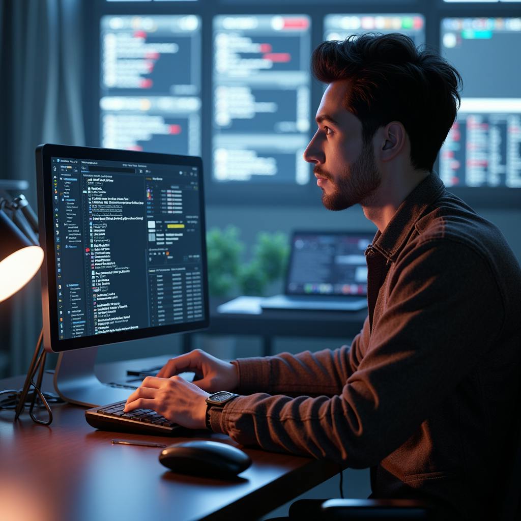 A young man intensely working on a computer with multiple screens displaying code and data analytics in a dimly lit, high-tech environment. A desk lamp adds warmth to the scene. How to do A/B testing.