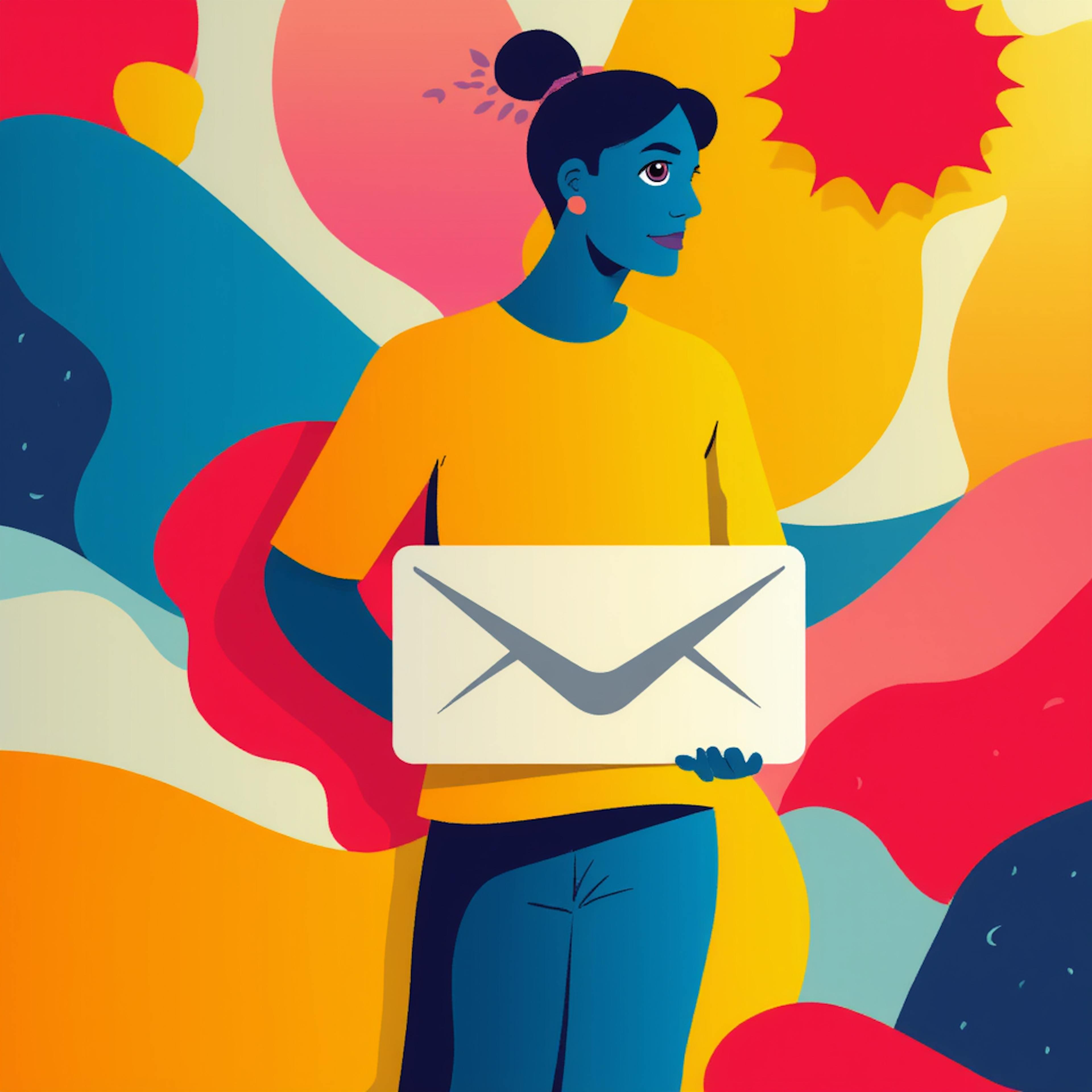 A stylized digital illustration of a woman with blue skin and a yellow shirt holding a large envelope, set against a vibrant, abstract background with warm and cool colors. How to make an email look interesting.