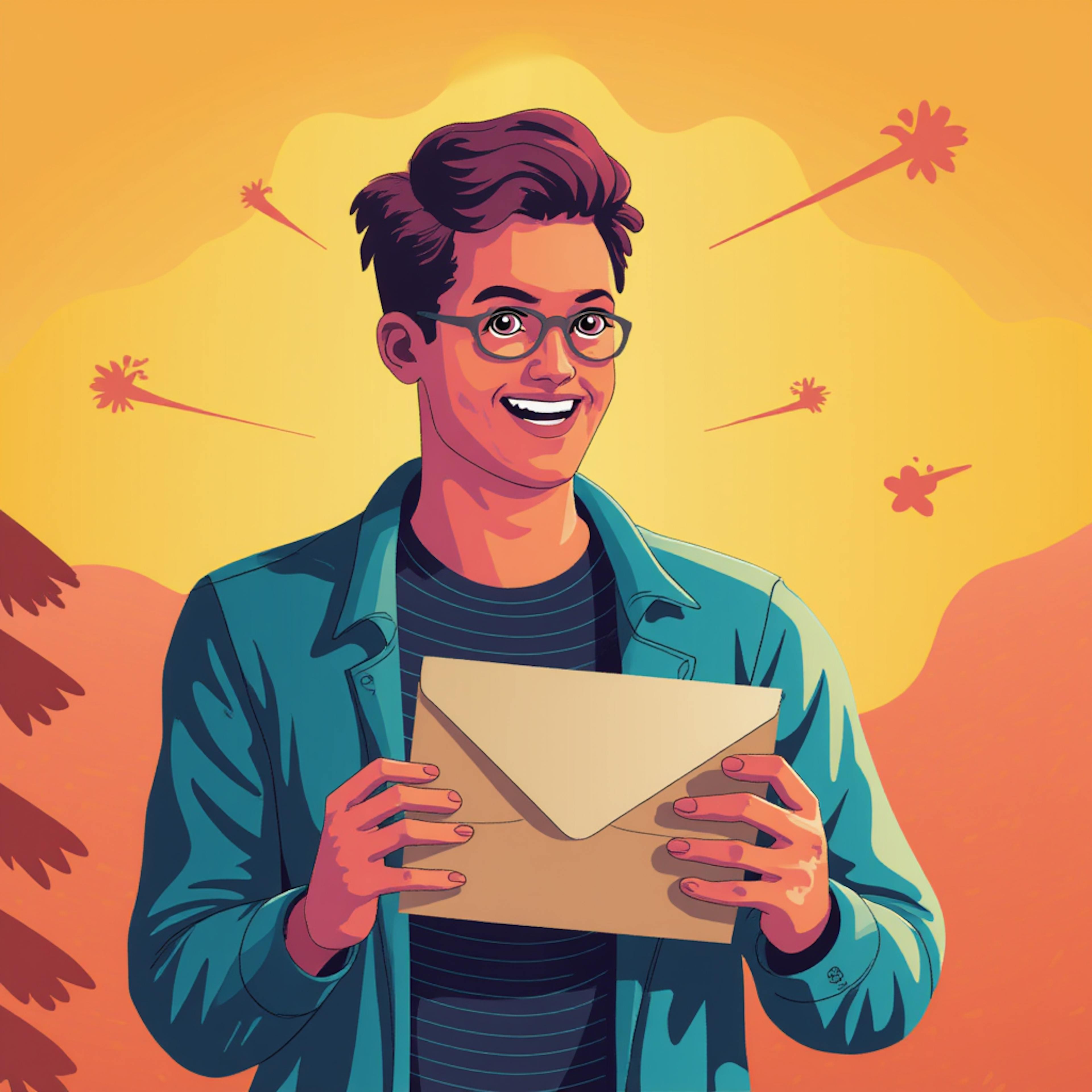 A cheerful young man wearing glasses and a teal jacket, holding an envelope with excitement, against a dynamic orange and yellow background with abstract shooting star-like elements. How to make an email look interesting.