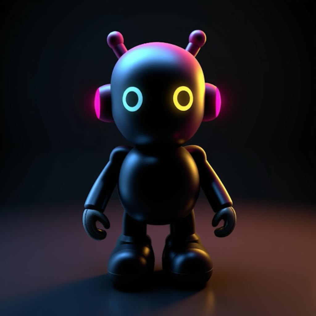 A minimalist black robot with a round head and glowing circular eyes in blue and yellow, with pink-lit ear-like structures. The dark background highlights its neon-lit details. Is using AI for design ideas unethical.