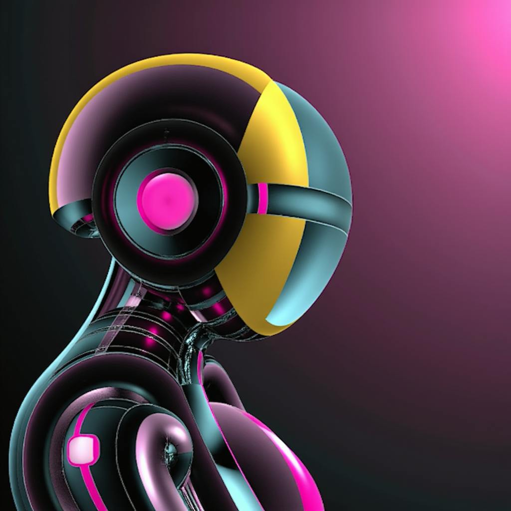 A futuristic humanoid robot with a sleek, metallic body and a helmet-like head featuring vibrant yellow and blue accents. The background is dark with a pink glow. Is using AI for design ideas unethical.