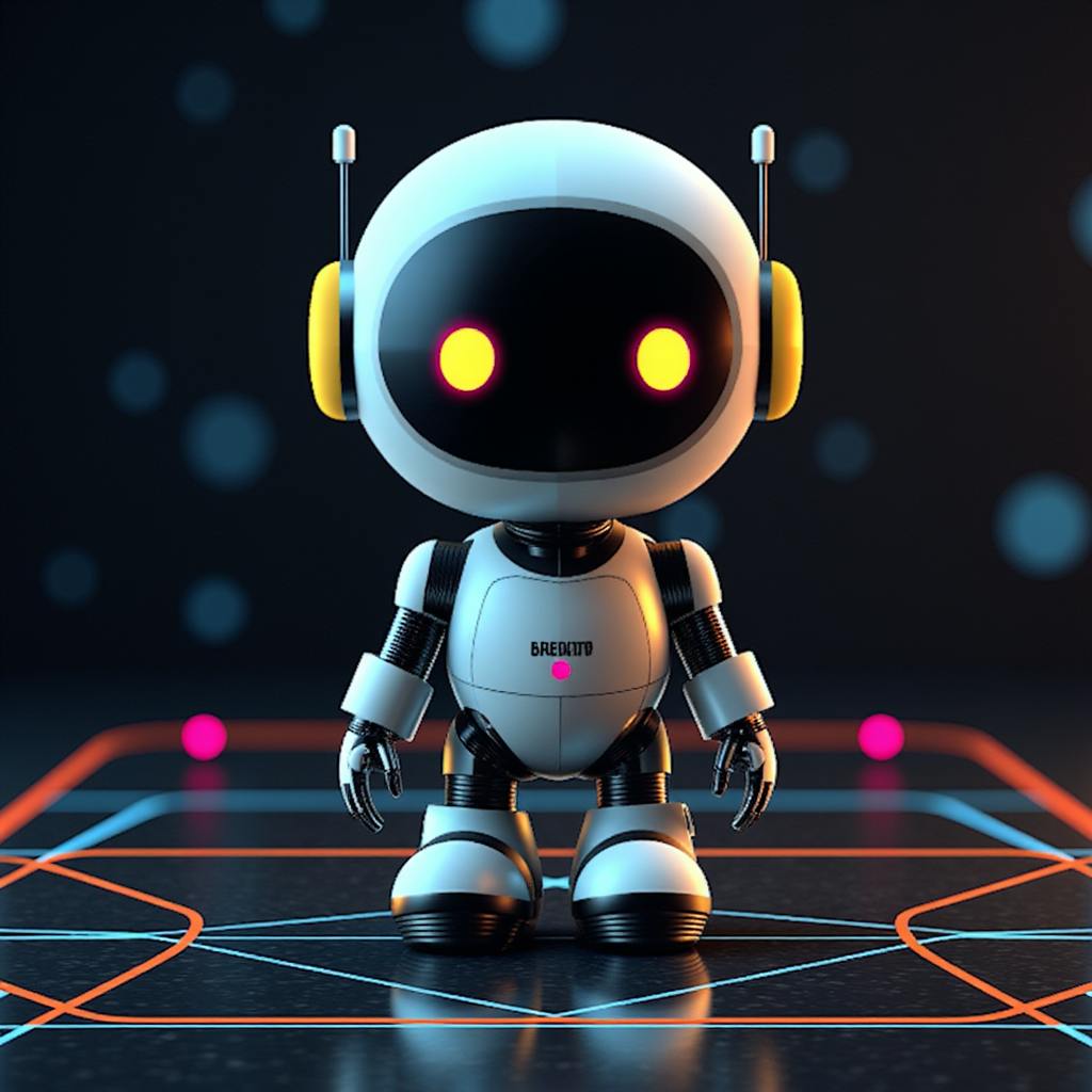 A small, white robotic character with glowing yellow eyes and antennas, standing on a digital grid illuminated with neon lines and dots. The background has a cybernetic aesthetic. Is using AI for design ideas unethical.