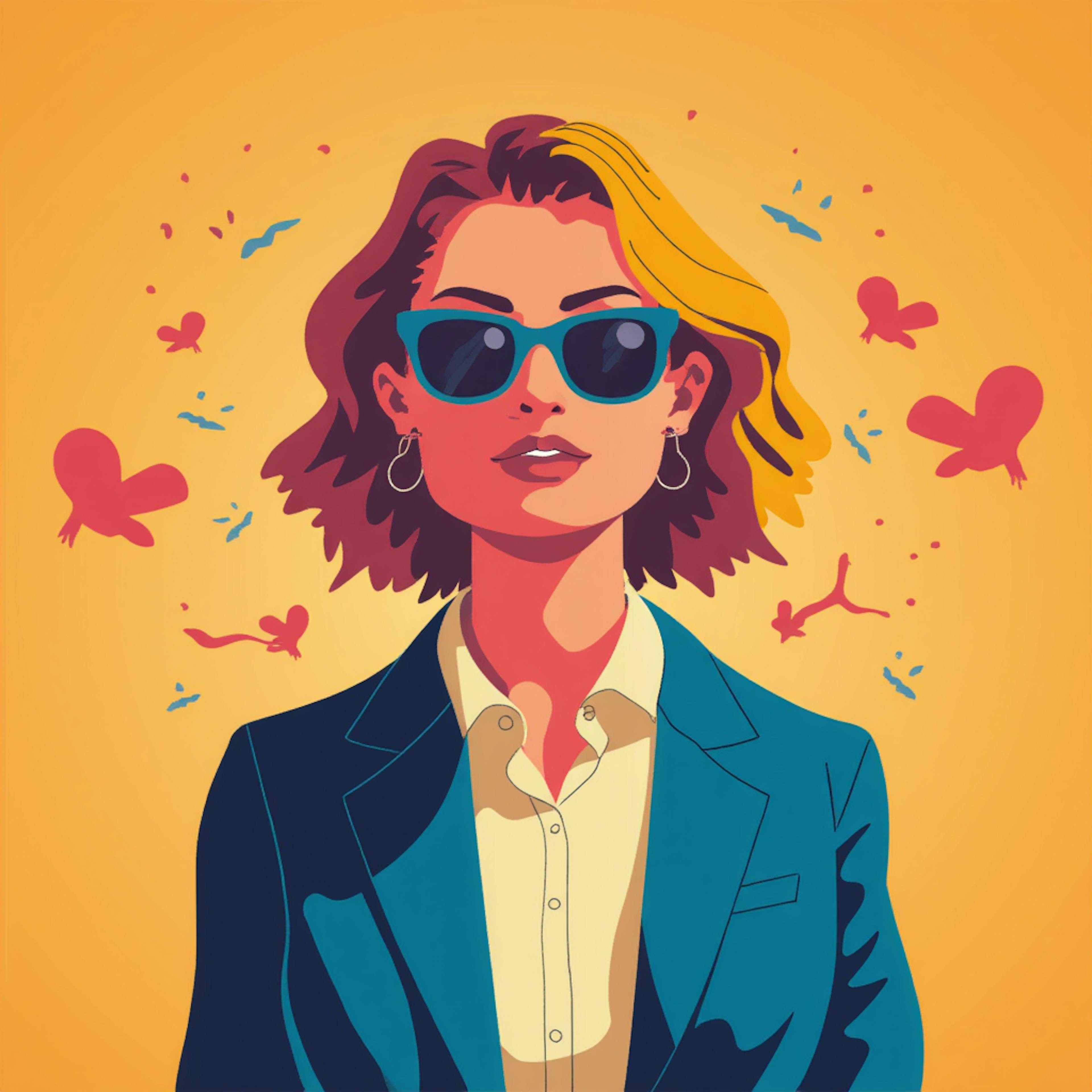 A modern, artistic depiction of a woman in a dark blazer and sunglasses, with a confident expression, surrounded by floating abstract butterflies and elements on a warm orange background. How will AI affect developers illustrations.