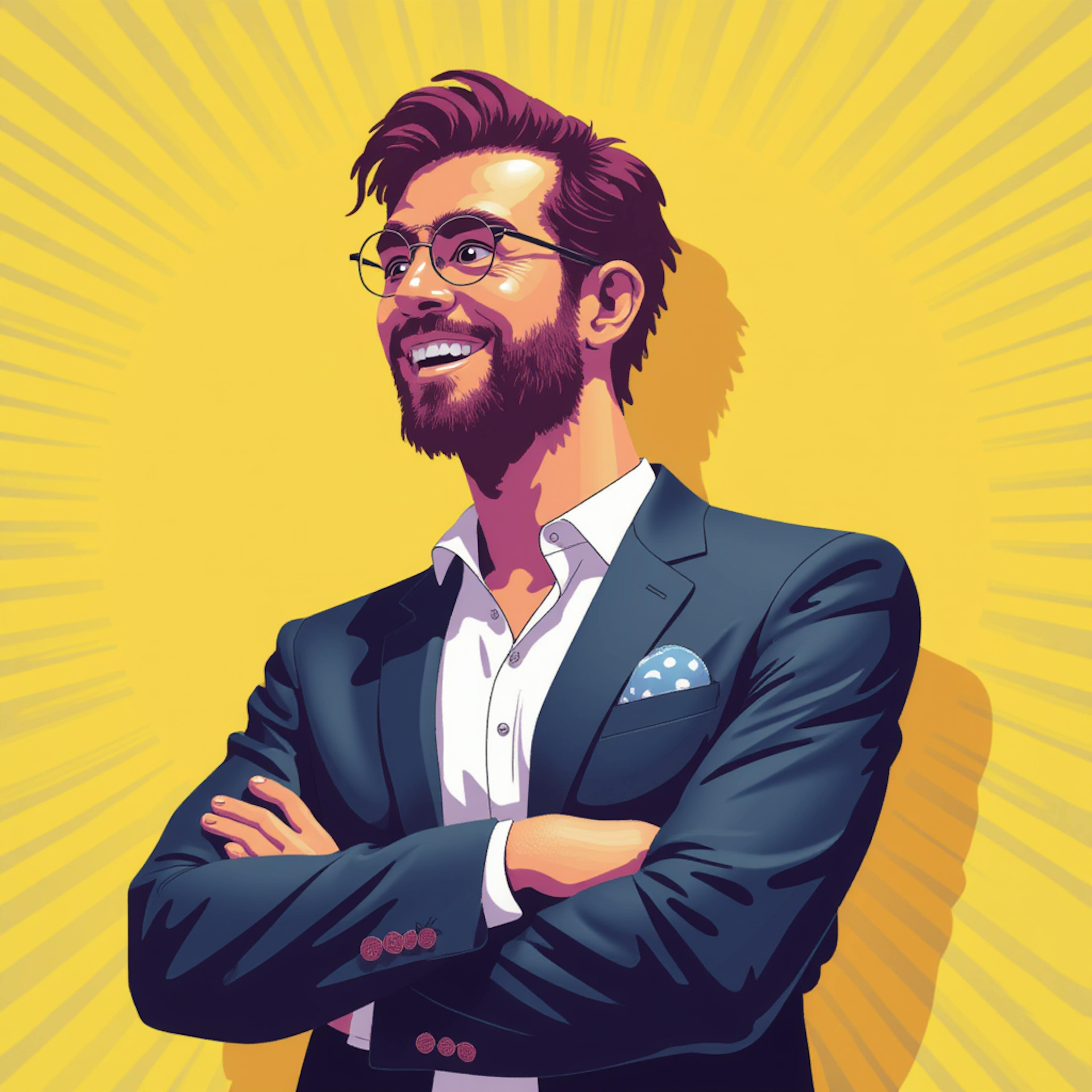 A vibrant digital illustration of a confident man with glasses, a beard, and a stylish suit, standing with his arms crossed against a bright yellow background with radiant light streaks. How will AI affect developers illustrations.