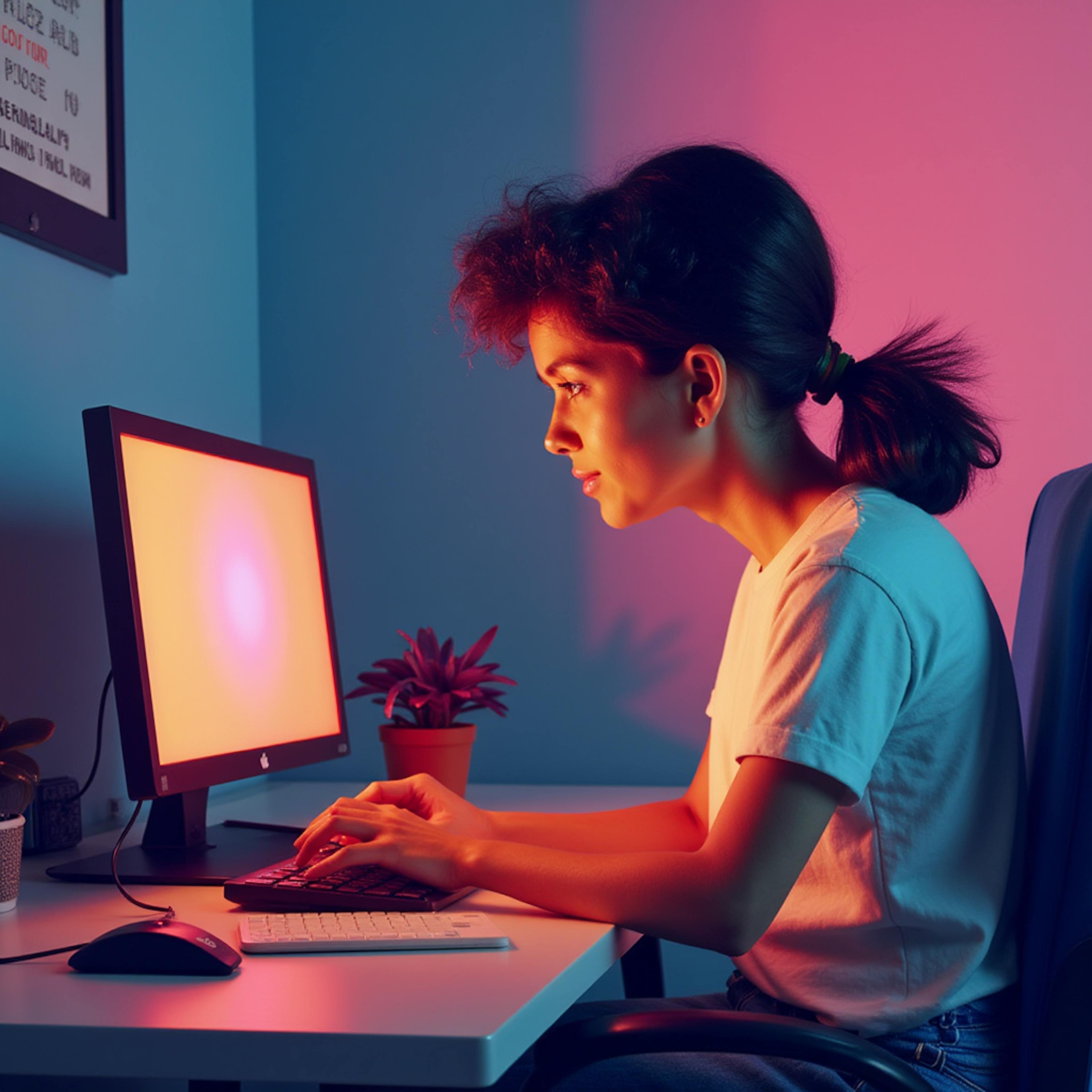 A young woman with curly hair tied in a ponytail is working on a computer in a dimly lit room with colorful lighting effects. The glow from the screen illuminates her focused face, highlighting a creative workspace with small potted plants. How to animate on a website.