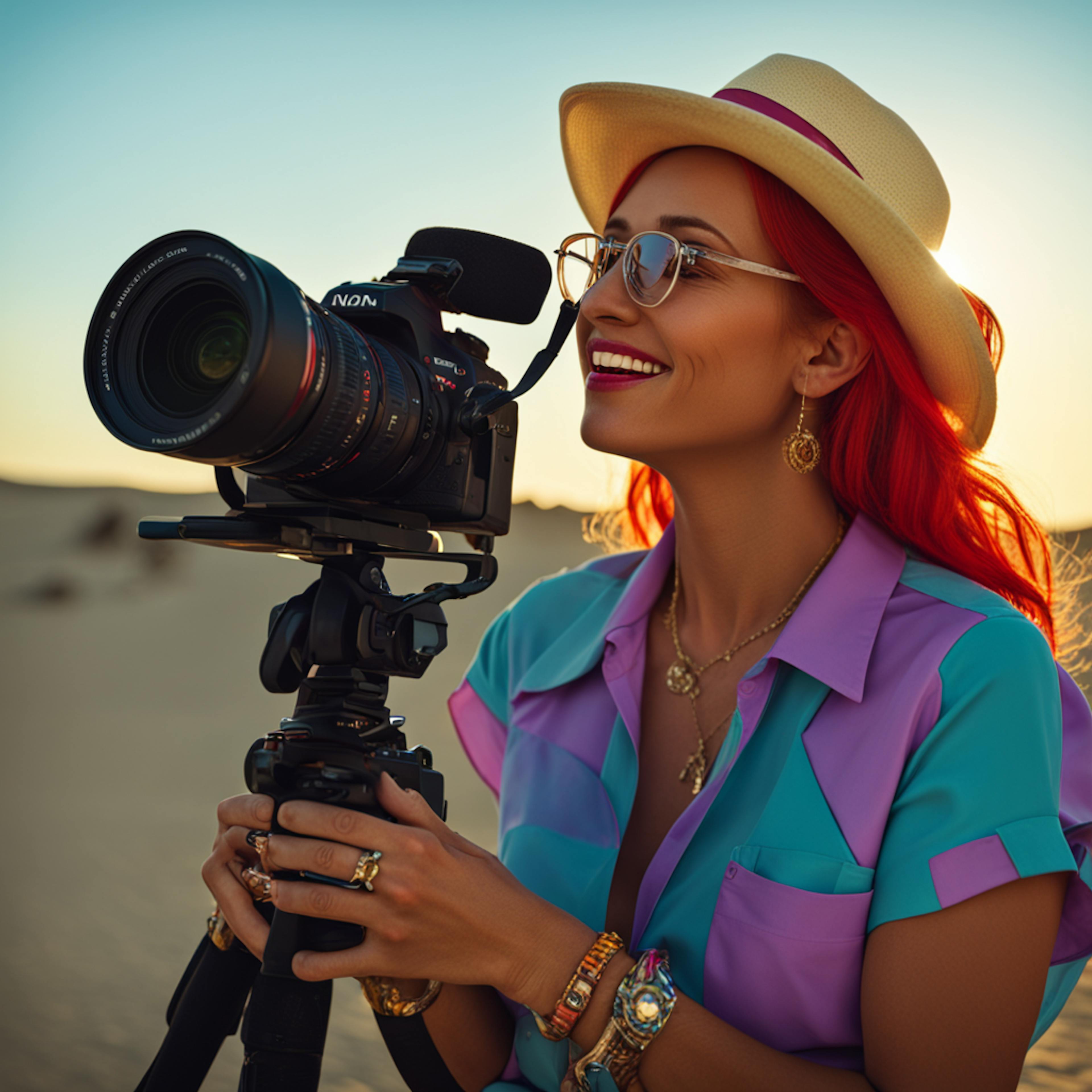 A vibrant red-haired woman wearing a stylish hat, sunglasses, and colorful jewelry is holding a professional video camera on a tripod in a desert setting. She has a bright smile, capturing content in the golden sunlight. How to animate on a website.