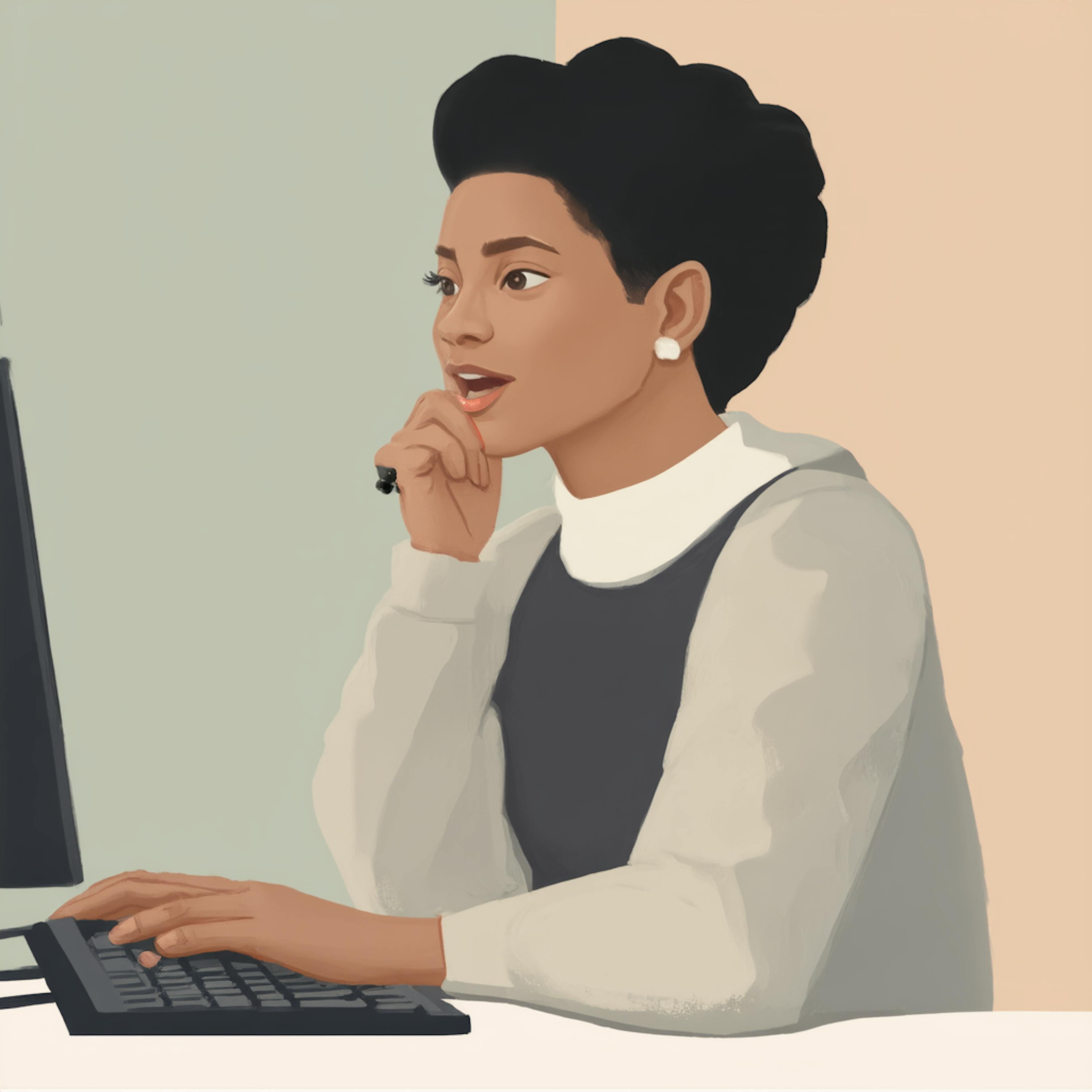 A digital illustration of a professional woman with short, natural hair, wearing pearl earrings and a monochrome outfit, working at her computer with a thoughtful expression. How I scaled my website design business.