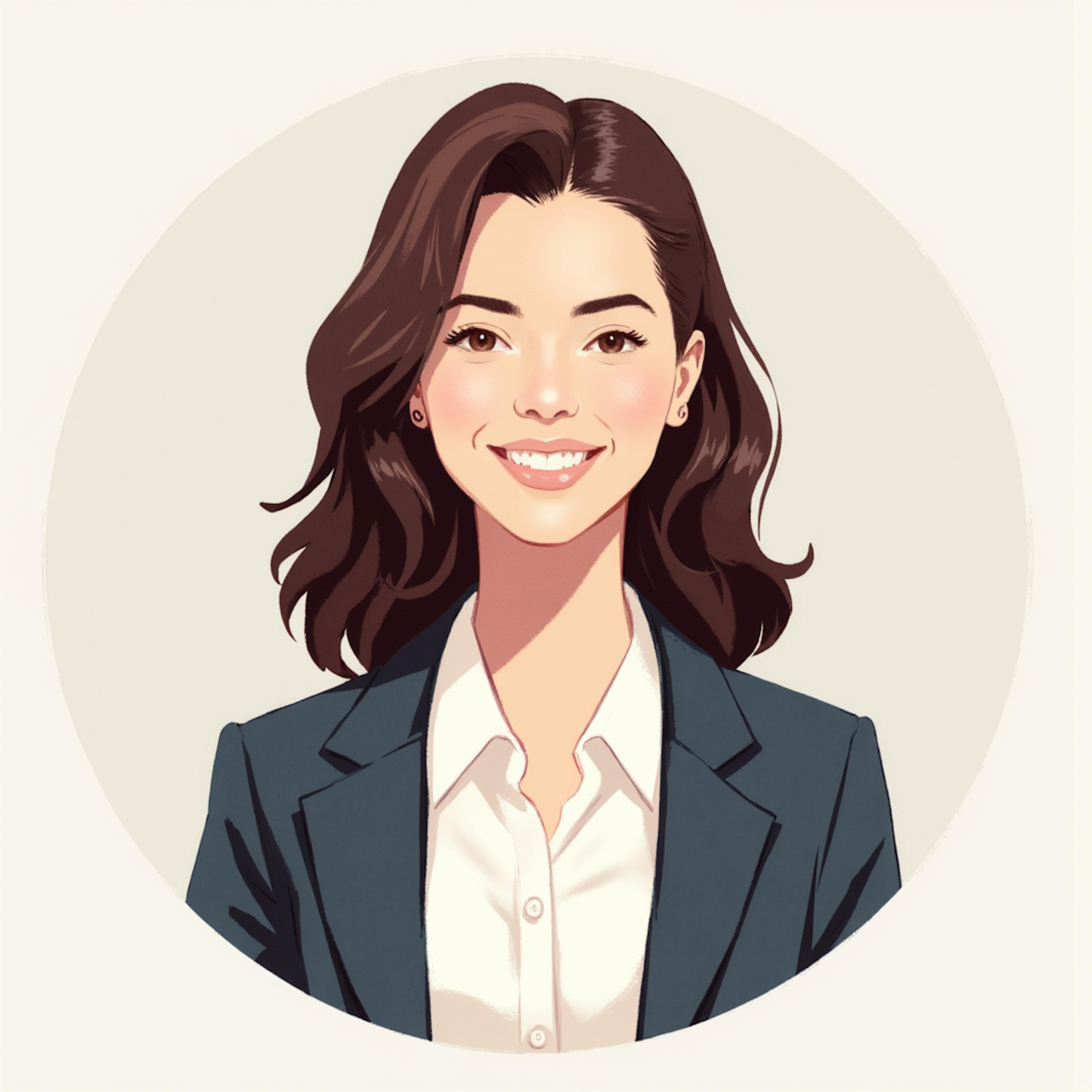 A portrait-style illustration of a smiling young woman with shoulder-length dark hair, dressed in a white blouse and a dark blazer, against a clean, circular background. How I scaled my website design business.