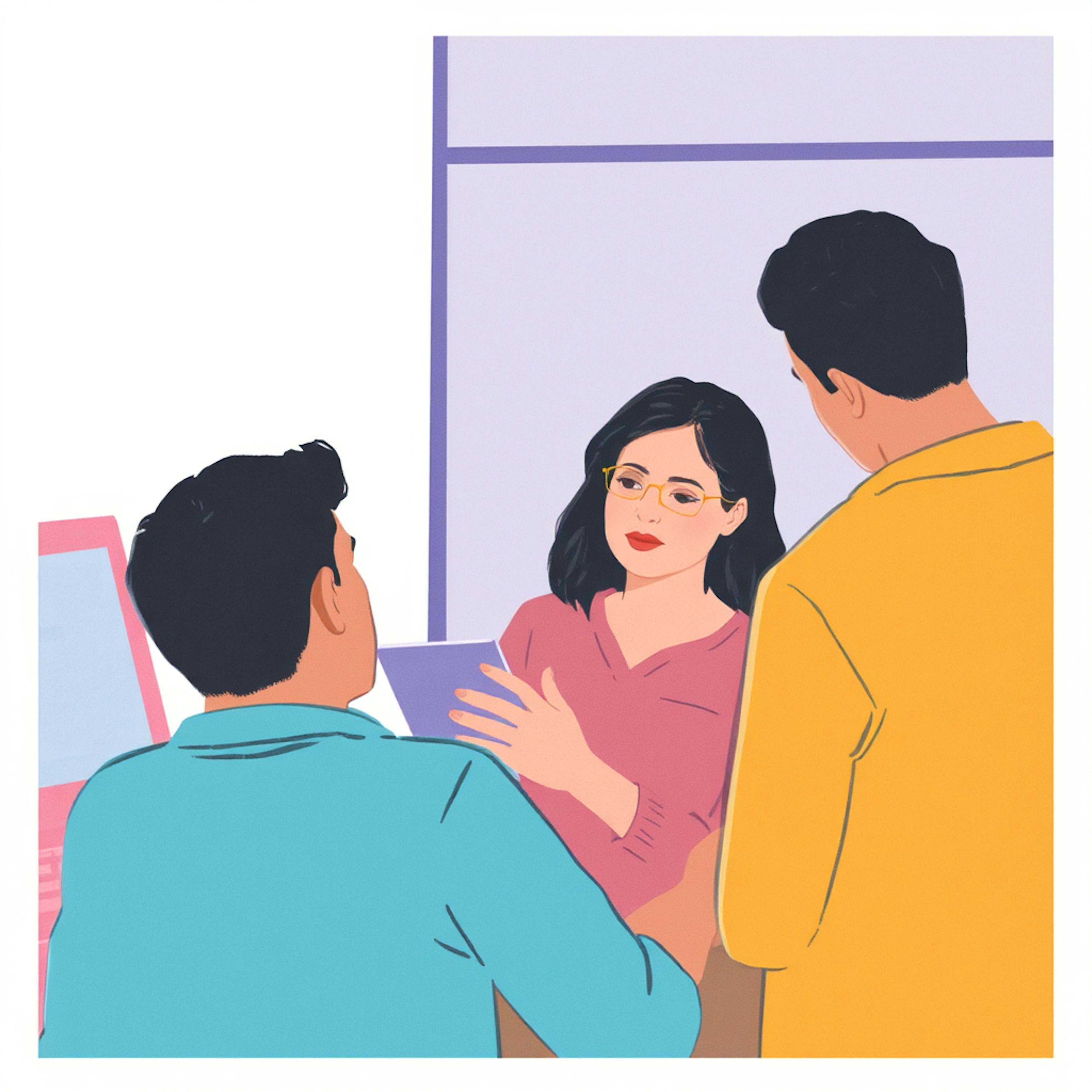 A colorful illustration of a woman wearing glasses, holding a tablet while explaining something to two colleagues. The background features office elements like a computer screen. Guides examples graphic design.