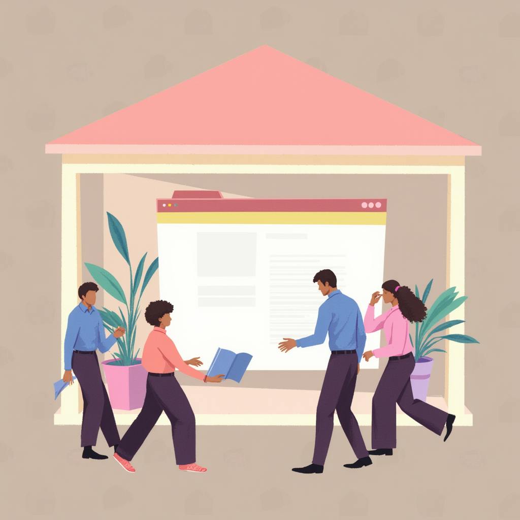 A stylized illustration of a group of professionals collaborating in a workspace designed like a house, with a large website interface in the background. They are engaged in discussions and exchanging ideas. Guides examples graphic design.