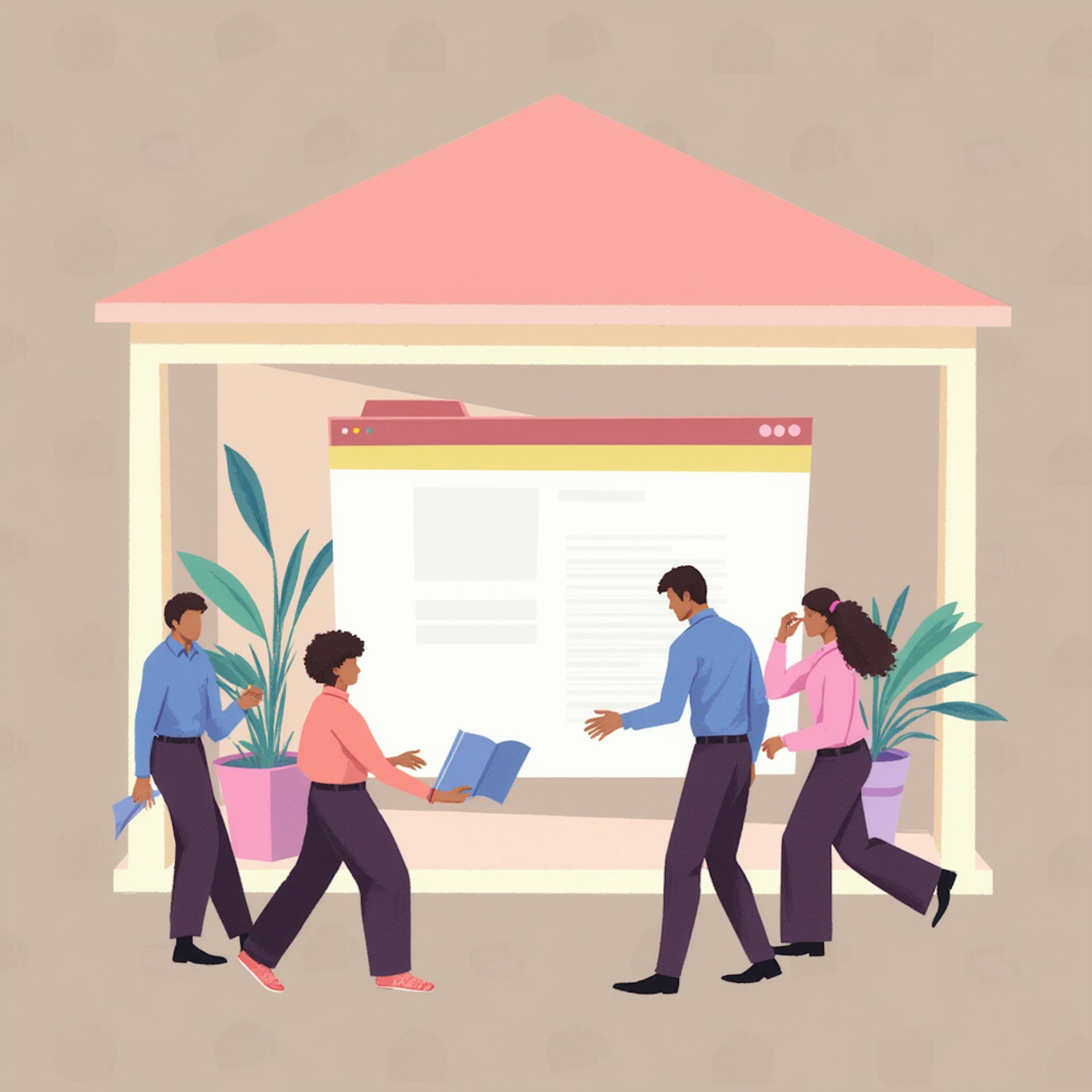 A stylized illustration of a group of professionals collaborating in a workspace designed like a house, with a large website interface in the background. They are engaged in discussions and exchanging ideas. Guides examples graphic design.