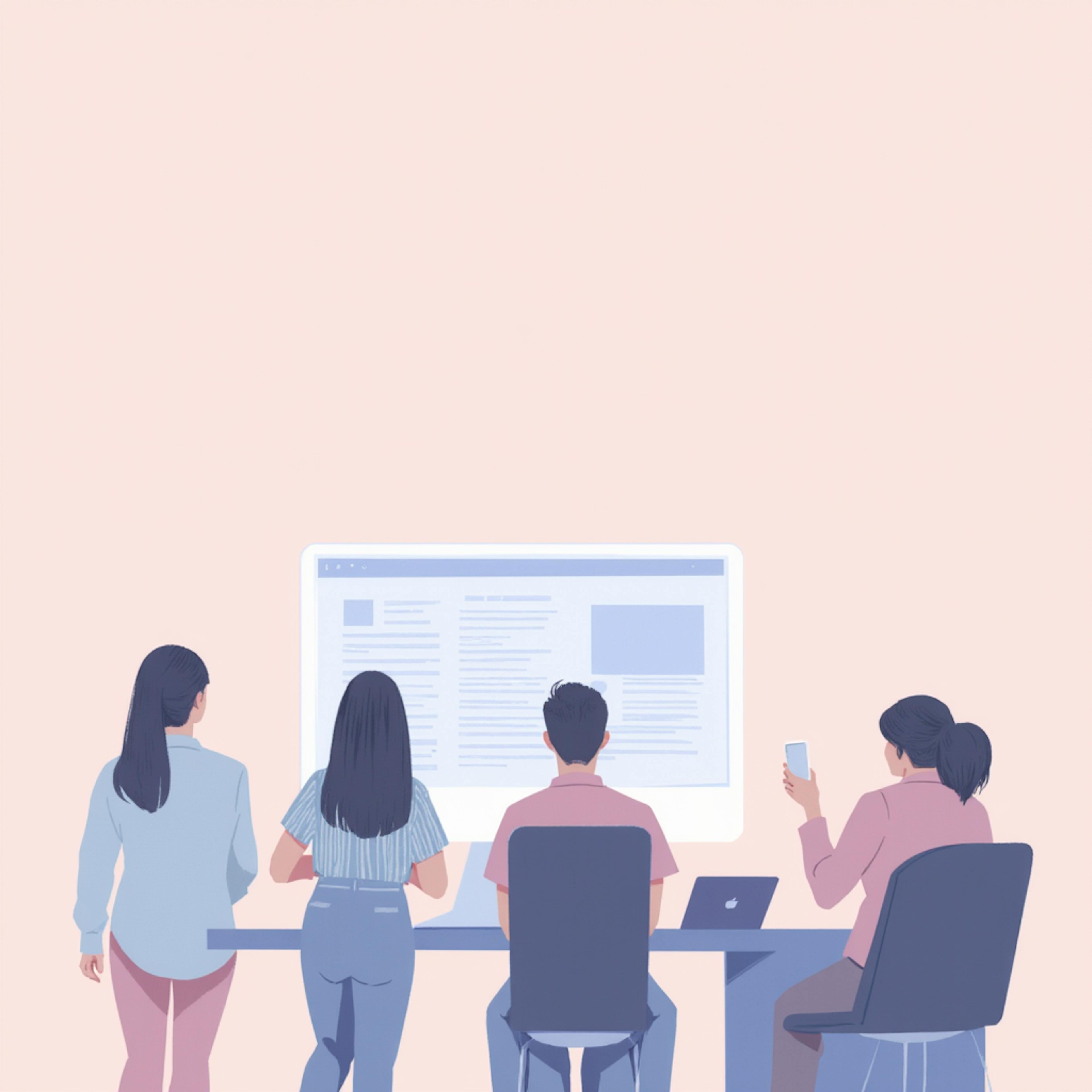 A minimalist digital illustration of a team sitting at a table, analyzing a large screen displaying a website layout. One person is using a smartphone, while others are focused on the content. Guides examples graphic design.