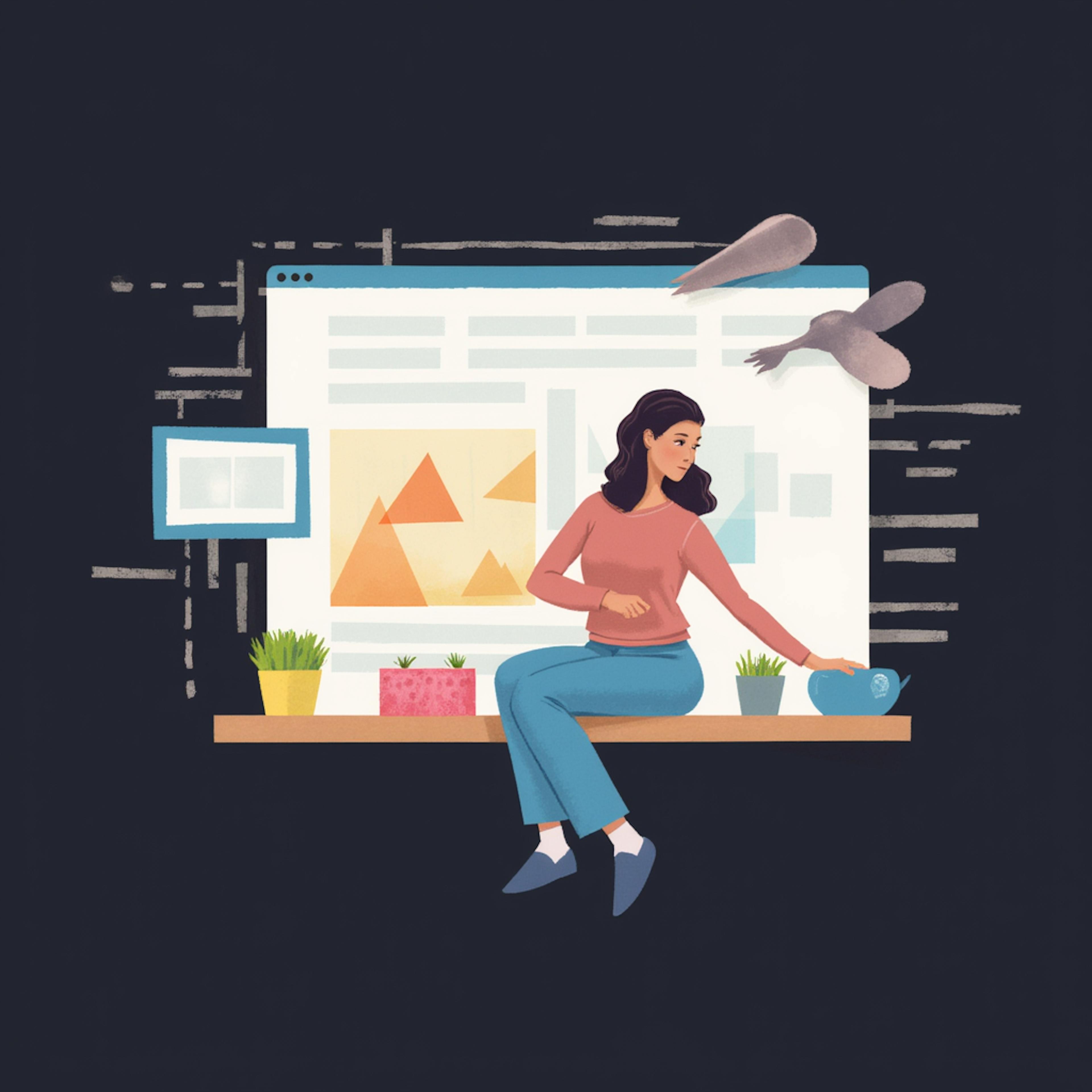 A creative illustration of a woman sitting on a floating shelf, extending her hand toward a cup, with a large stylized website interface behind her and birds flying in the background. How I scaled my website design business.