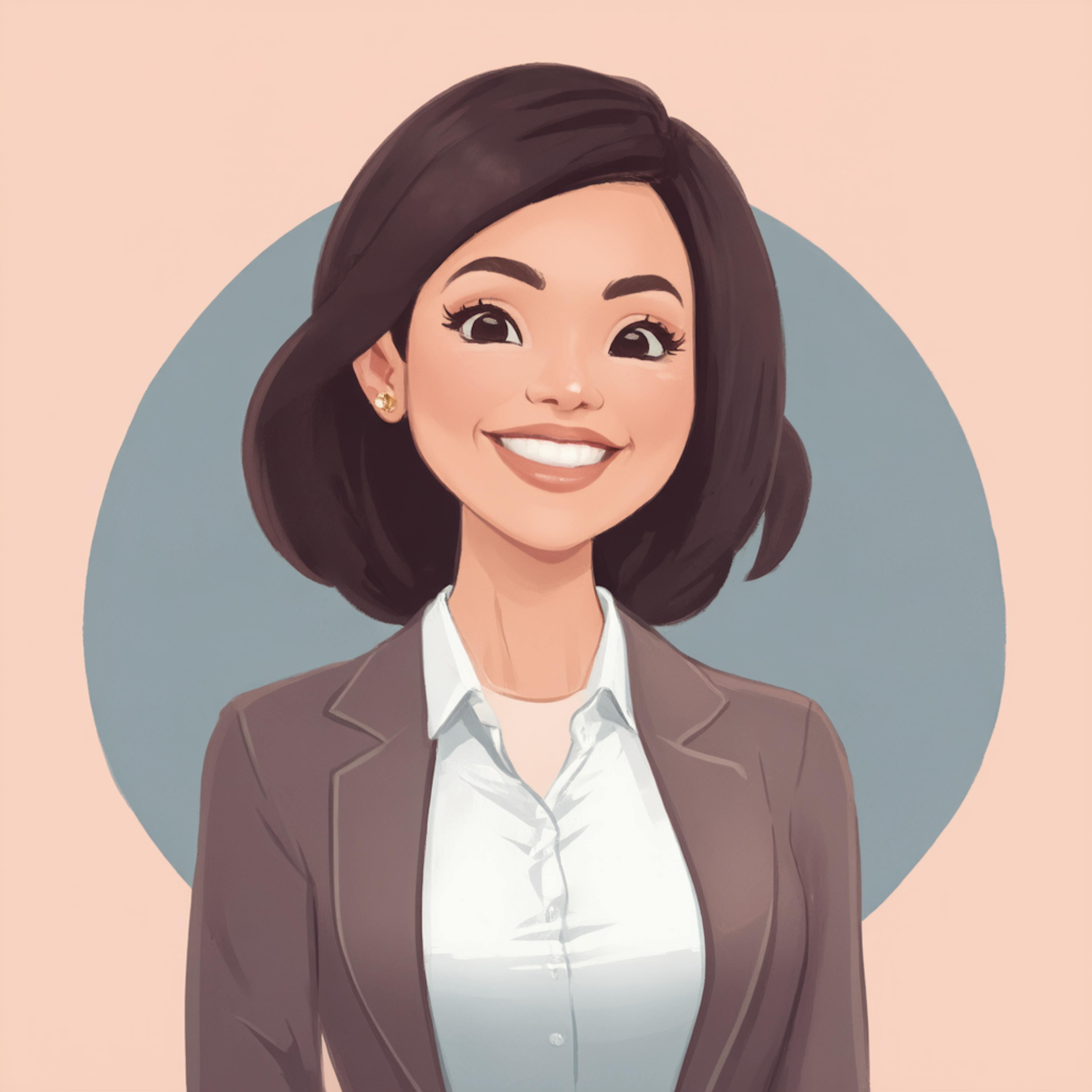 A stylized digital illustration of a smiling woman in a business suit, with a confident and approachable expression, set against a soft circular background. Growth and acceleration graphic design.