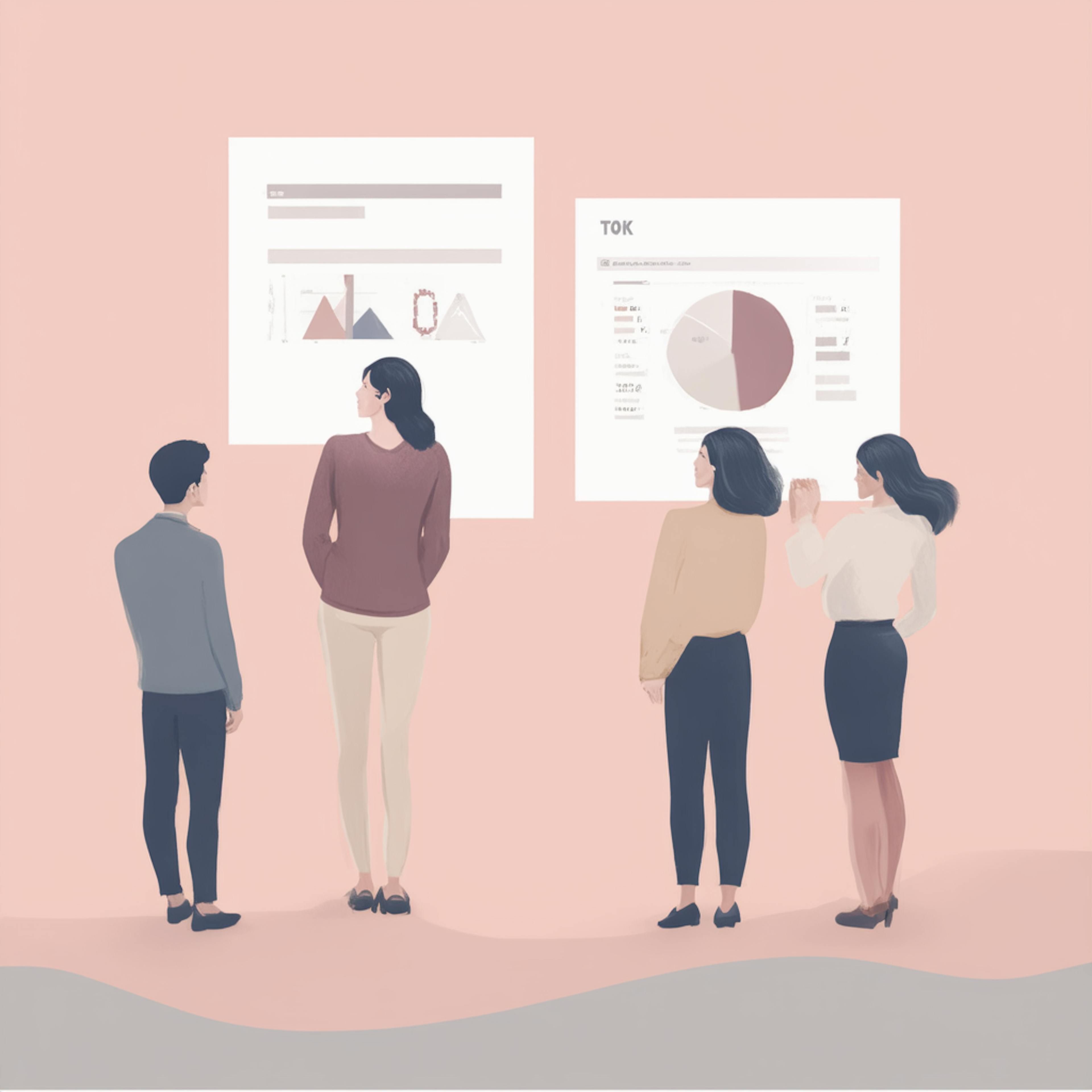 A minimalist and pastel-toned illustration of a group of people analyzing charts and graphs displayed on large presentation boards, symbolizing data-driven growth and strategy. Growth and acceleration graphic design.