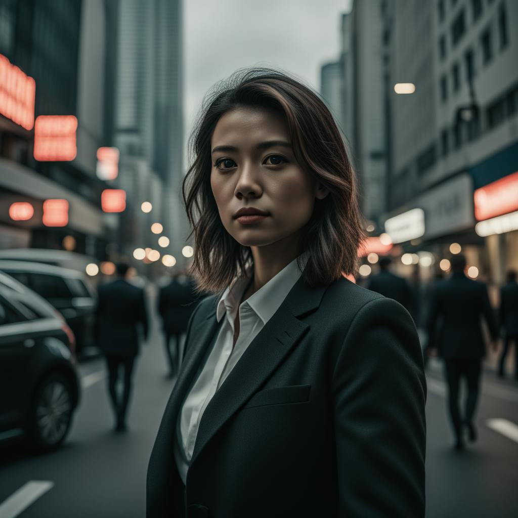 A professional woman in a sleek black suit stands in a high-tech city street at night, with glowing signs and moving figures around her. She exudes confidence and authority. Generative AI strategist.