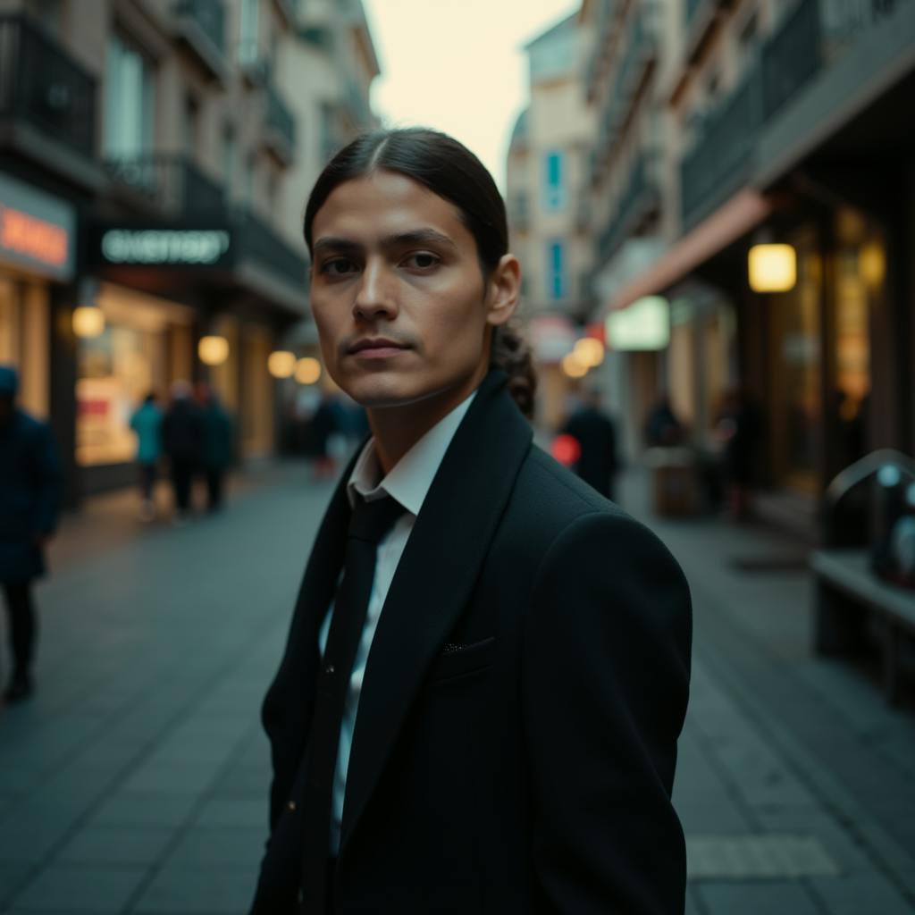 A confident man in a black suit and tie stands in the middle of a bustling European-style city street, gazing intently at the camera. The background is blurred with warm city lights. Generative AI strategist.