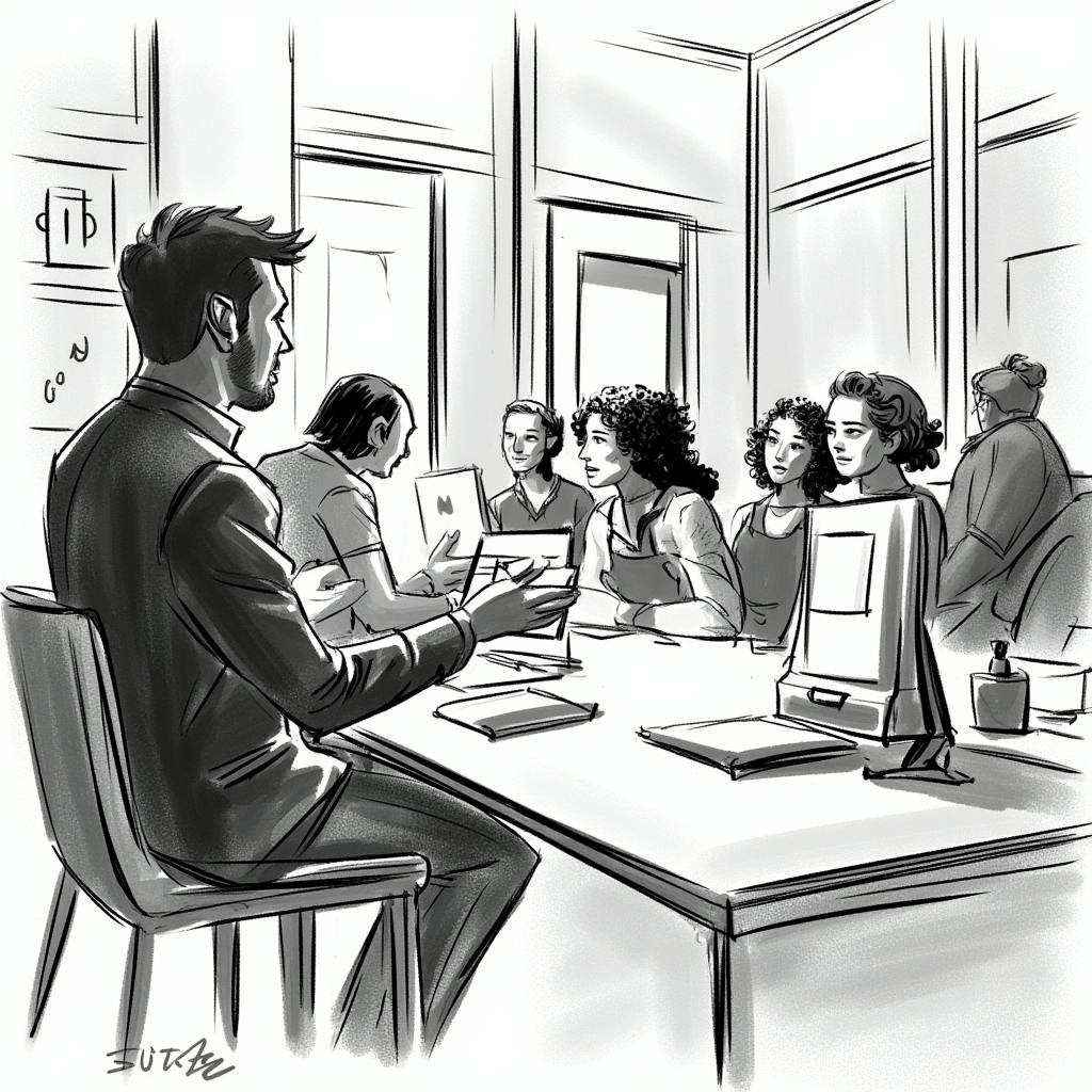 A black-and-white sketch of a business meeting where a man in a suit is presenting to a group of engaged professionals around a conference table. Laptops and notebooks are placed on the table. Gap branding.