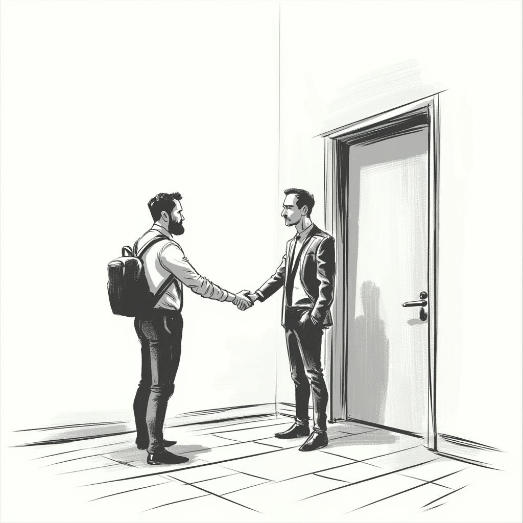 A minimalistic black-and-white drawing of two professionally dressed men shaking hands in a nearly empty room, one carrying a backpack. A closed door is visible in the background. Gap branding.