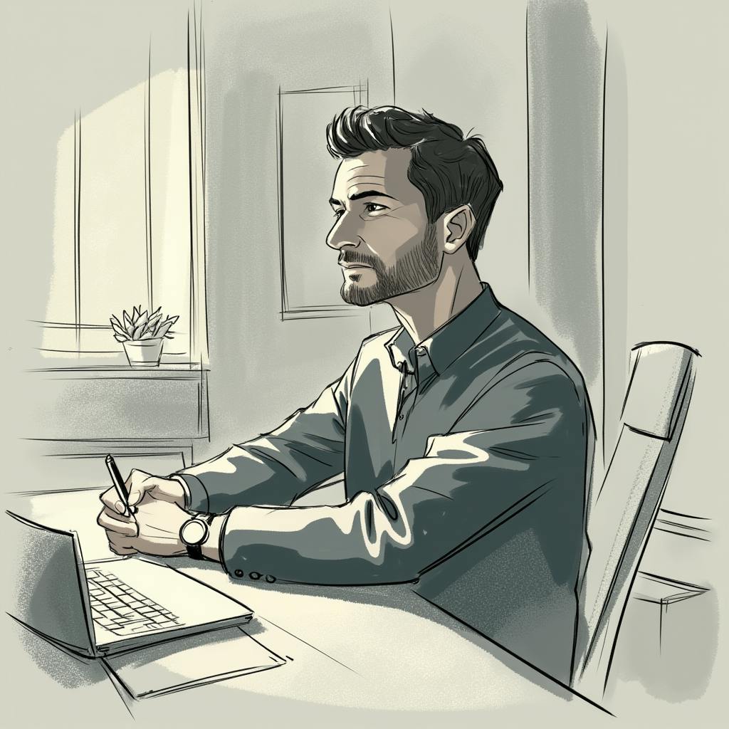 A monochrome illustration of a bearded man sitting at a desk with a laptop and notebook, attentively writing while gazing forward in a focused manner. Gap branding.