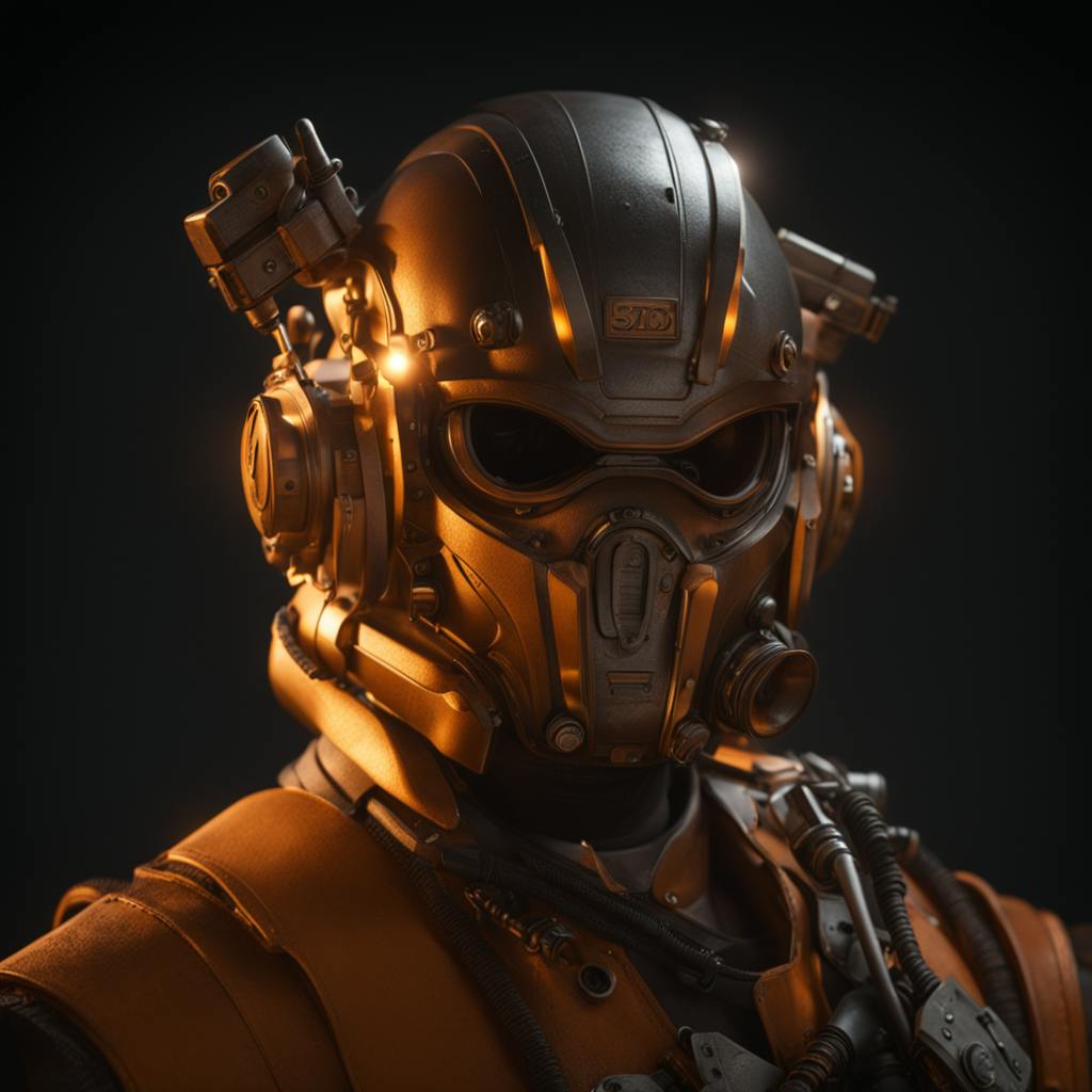 A futuristic armored soldier wearing a high-tech helmet with glowing orange lights and intricate mechanical details, evoking a cybernetic or augmented reality experience. Example of augmented reality.