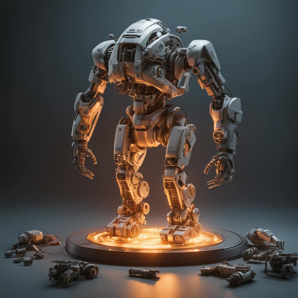 A highly detailed humanoid robot standing on a circular platform emitting an orange glow, surrounded by scattered mechanical parts, as if in an advanced augmented reality environment. Example of augmented reality.