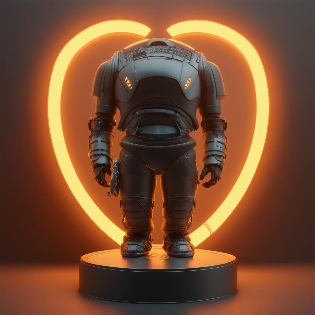 A robotic figure in a dark exosuit stands on a pedestal, illuminated by a glowing neon heart-shaped light in the background, blending technology and emotion in a futuristic augmented reality scene. Example of augmented reality.