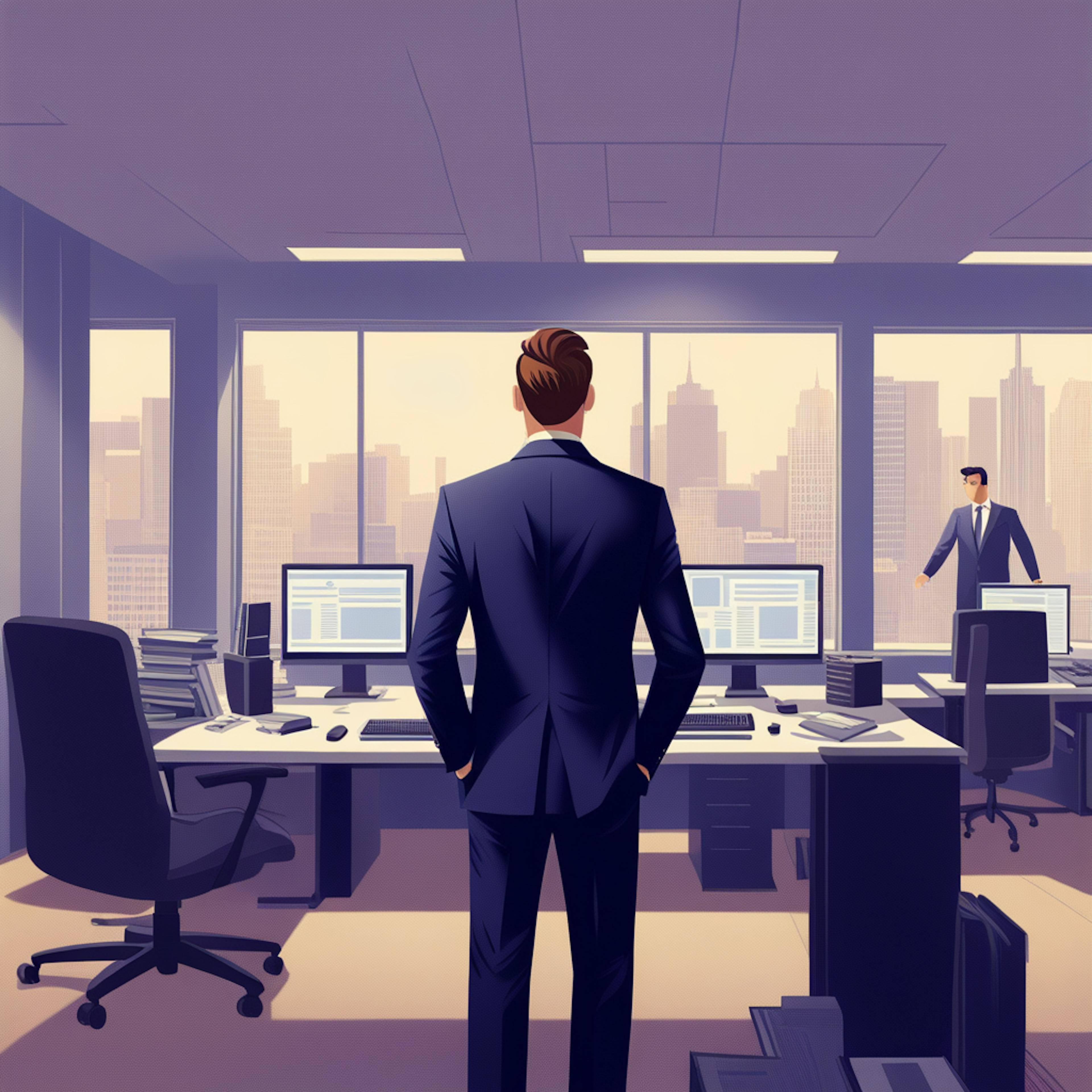 A business professional in a dark suit stands in a modern office with large windows overlooking a city skyline. Multiple computer monitors and workstations are visible, creating a sleek and structured corporate atmosphere. The image showcases easy graphic design elements suited for business settings.