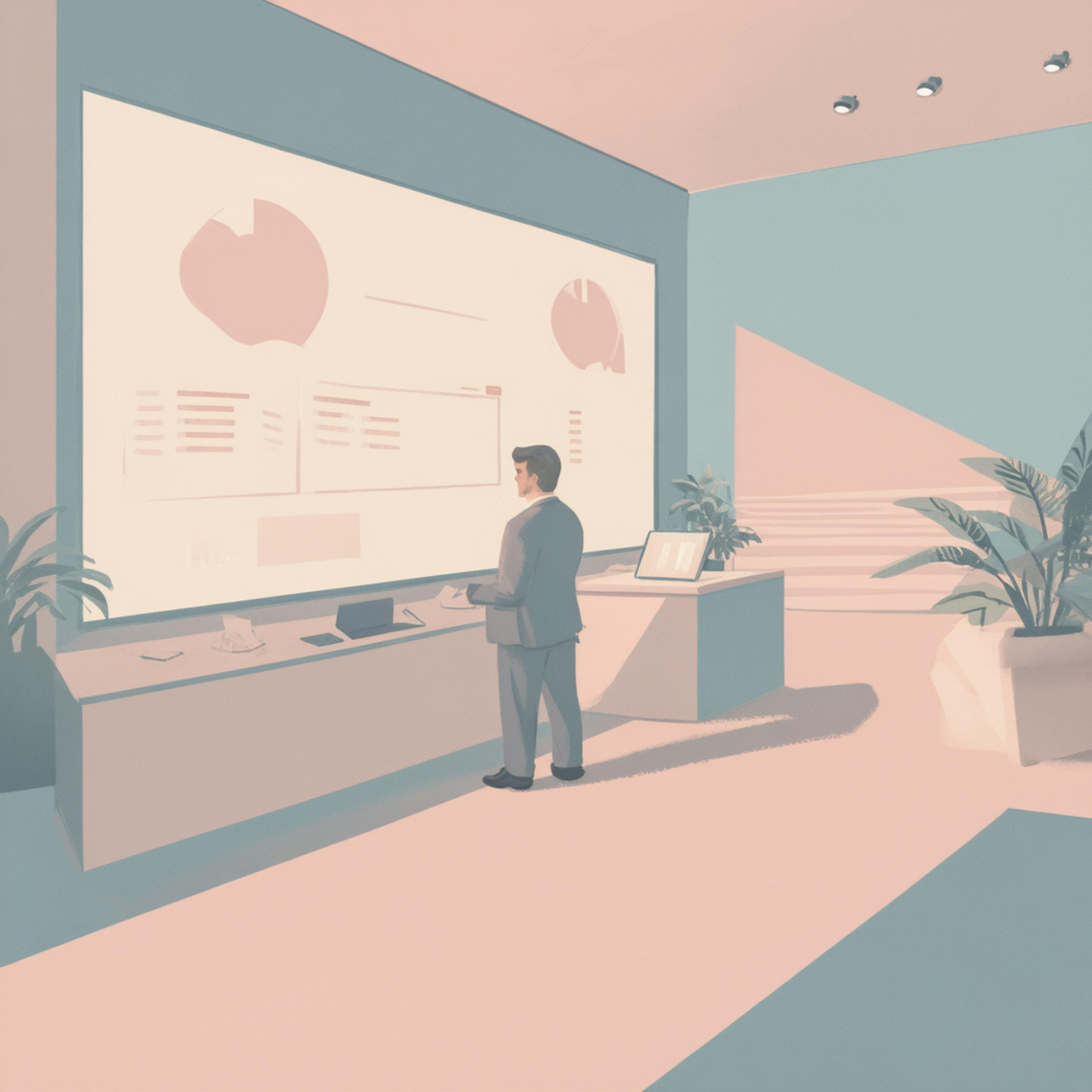 A businessman in a suit stands in a modern, pastel-colored presentation room, looking at a large digital screen displaying charts and graphs. The futuristic and sleek setting reflects the preparation of early stage pitch decks for investors or stakeholders.