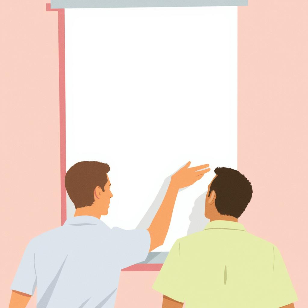 Two men stand in front of a blank presentation screen, one gesturing towards it as if explaining an idea. The minimalistic and clean design suggests a brainstorming session or planning phase for early stage pitch decks.