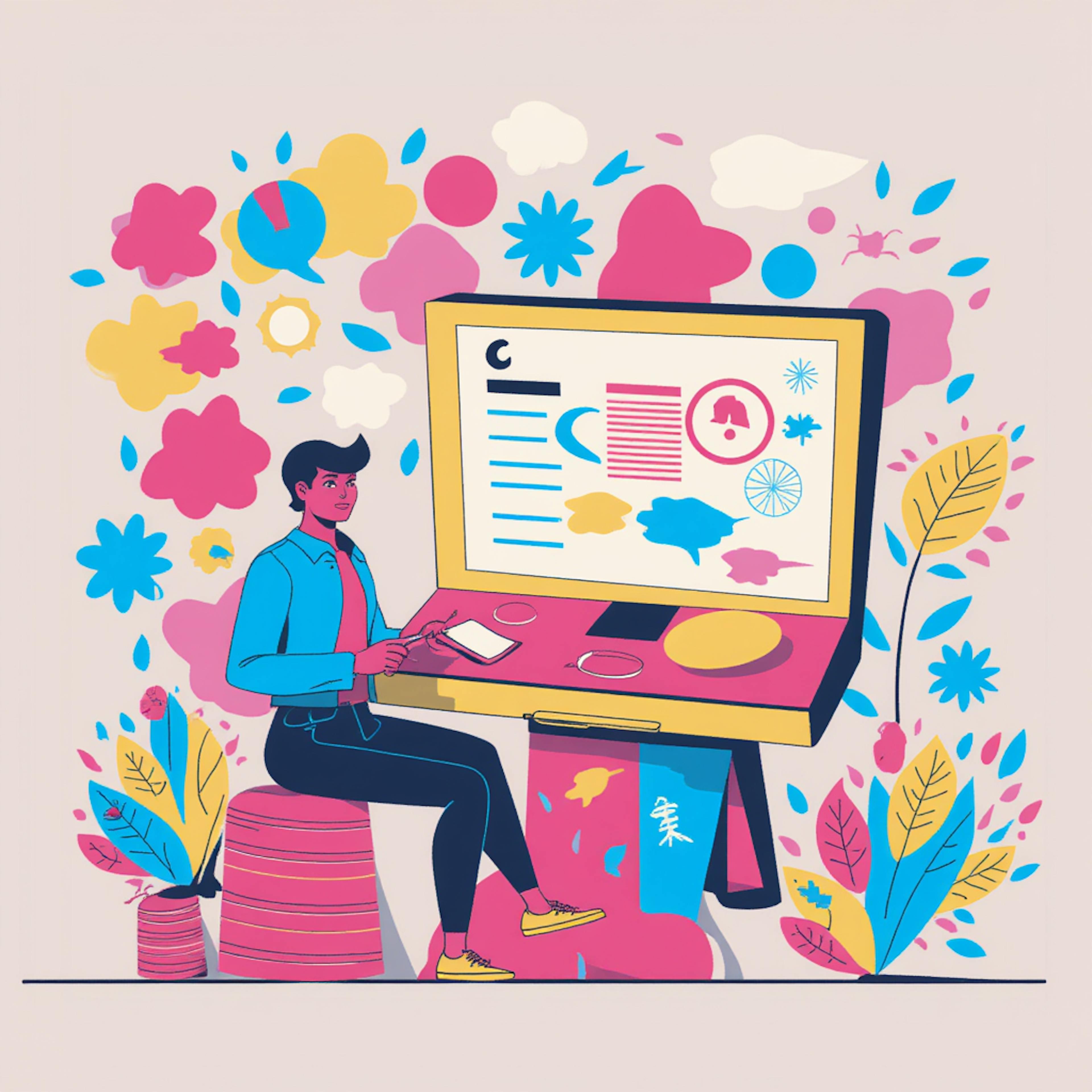 A colorful digital illustration of a man working at a large computer screen surrounded by abstract, floral-like patterns. The screen displays various analytical elements such as charts, icons, and data visualizations. The lively pink, blue, and yellow hues suggest creativity and innovation, highlighting the dynamic process of evaluating brand identity and performance. This visually represents the concept of "What is brand audit?" in a modern and artistic way.