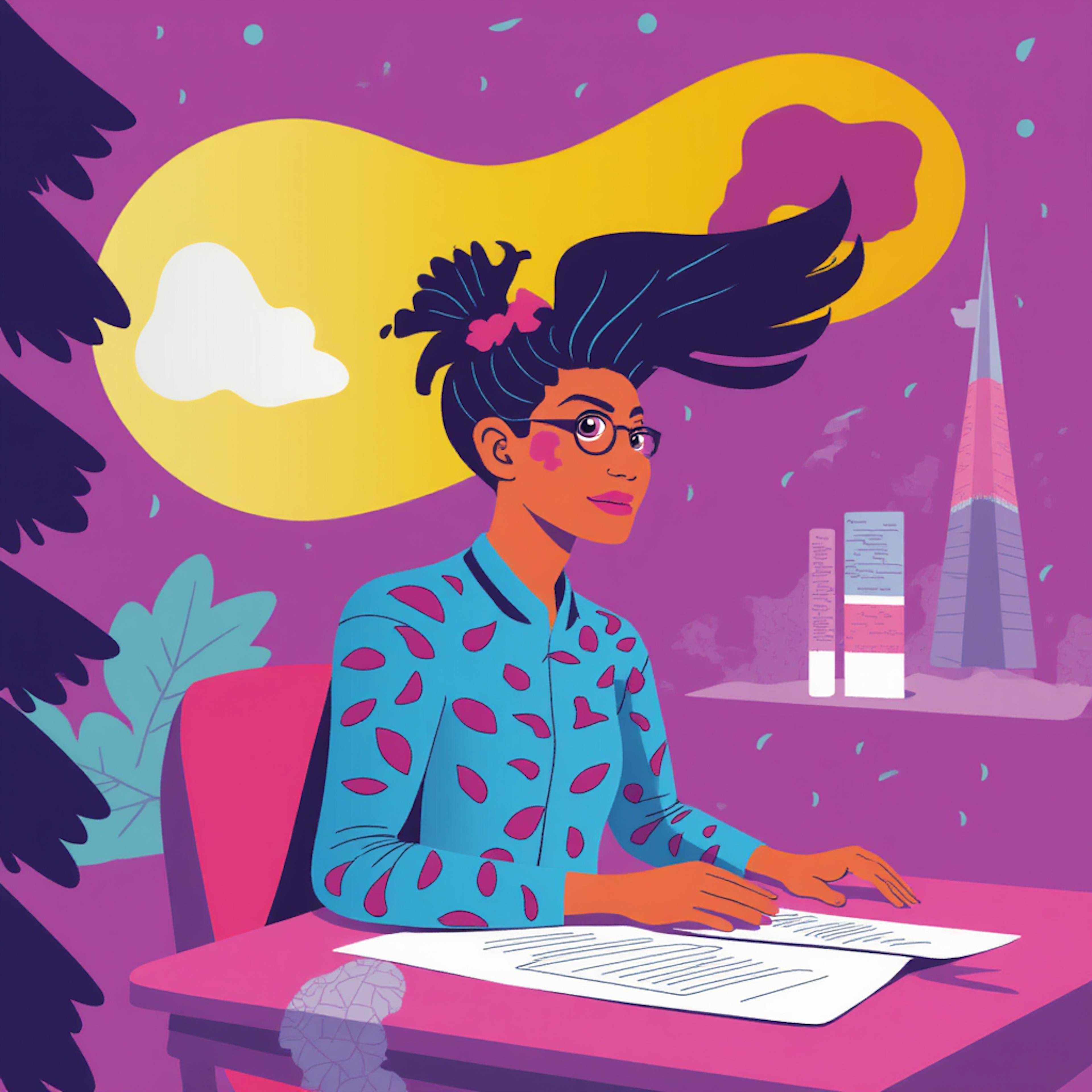 A vibrant digital illustration of a woman sitting at a desk with papers, appearing deep in thought. The background features abstract elements, including a futuristic cityscape and floating shapes. The artwork is rich in purples, blues, and pinks, creating a surreal yet professional atmosphere. This image symbolizes strategic thinking, planning, and analysis—key components when answering the question, "What is brand audit?"