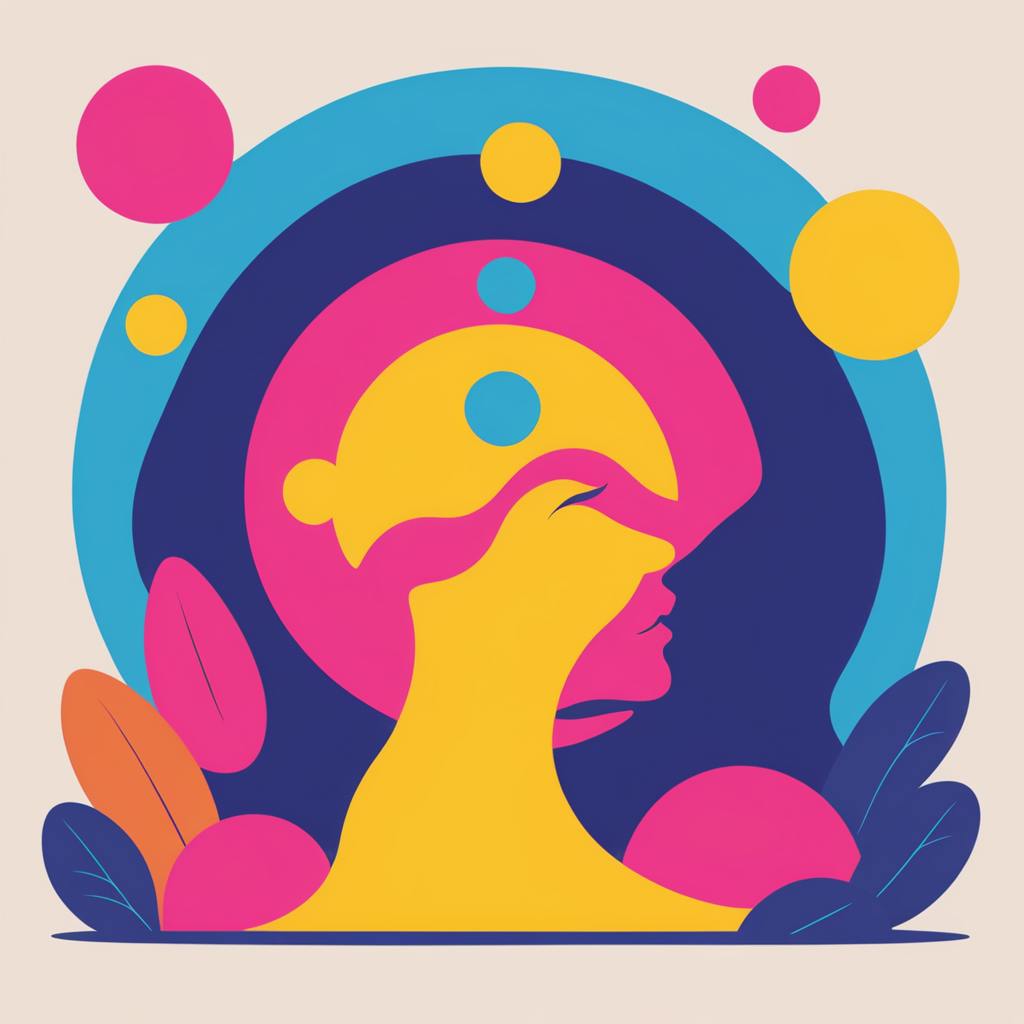 A striking abstract digital illustration of a woman's face seamlessly blending into a vibrant composition of pink, yellow, and blue circular shapes. The design conveys a sense of creativity, psychology, and emotion—key factors in understanding what makes an ad effective by capturing attention and evoking strong emotional responses.