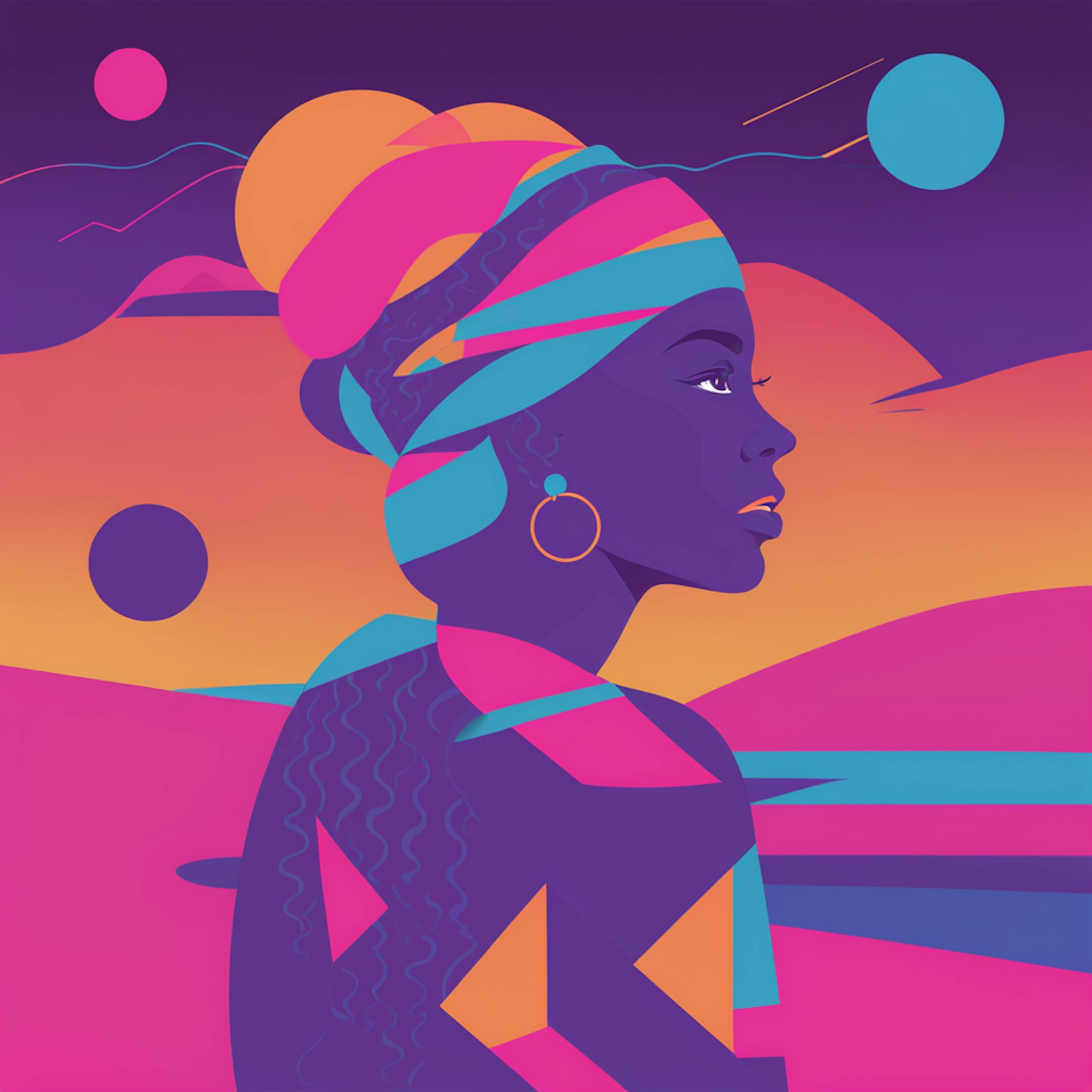 A mesmerizing digital illustration of a woman in a headwrap, gazing into the distance with a futuristic sunset behind her. The deep blues, purples, and neon pinks create a dynamic contrast, symbolizing storytelling and cultural resonance. This visually compelling piece highlights what makes an ad effective—using powerful imagery and color psychology to leave a lasting impression on viewers.