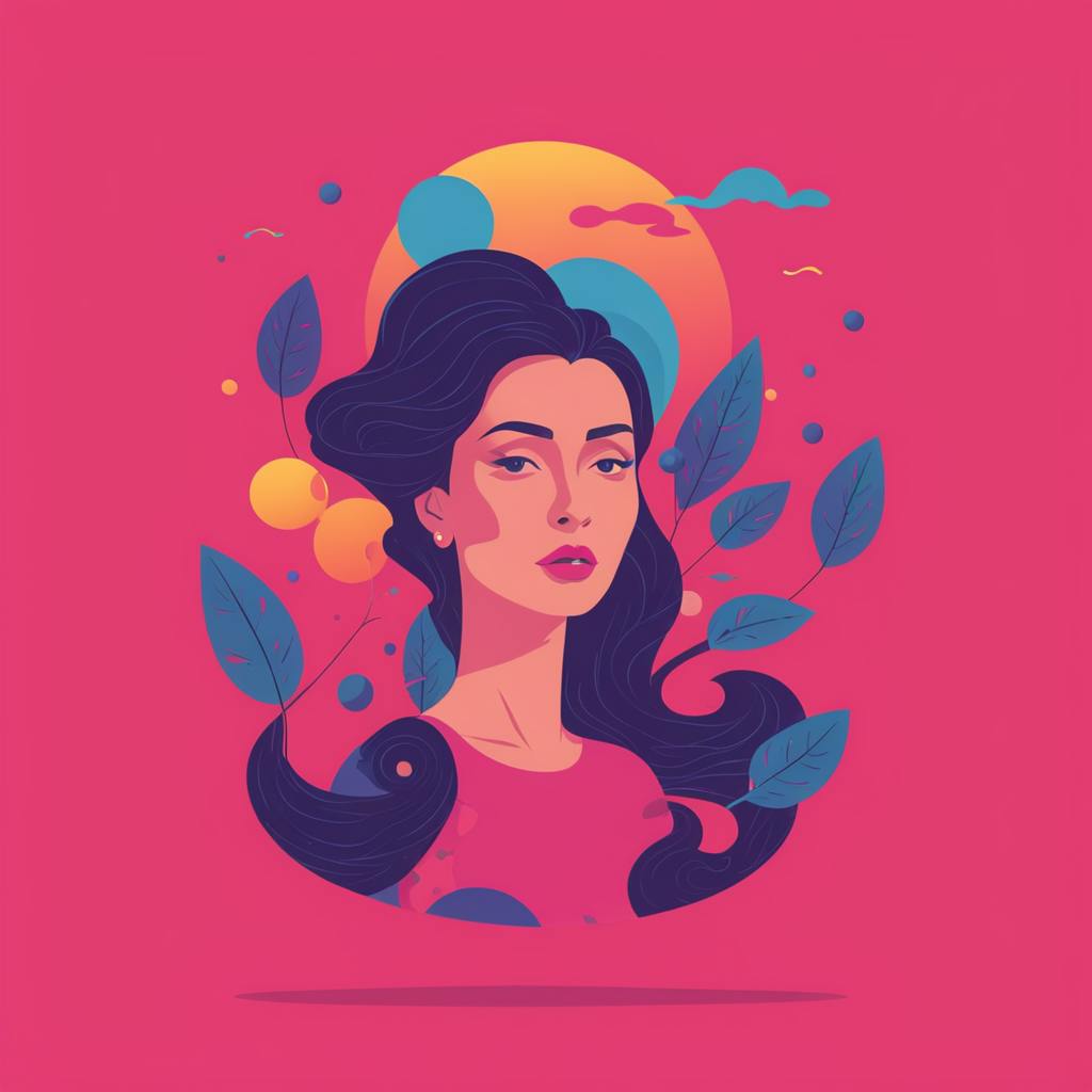 A bold and expressive digital portrait of a woman against a vivid pink background, surrounded by floating leaves and circular elements. Her confident expression and the rich color palette reflect the power of strong visuals in advertising. This artwork illustrates what makes an ad effective—capturing audience engagement through aesthetics, emotion, and brand identity.