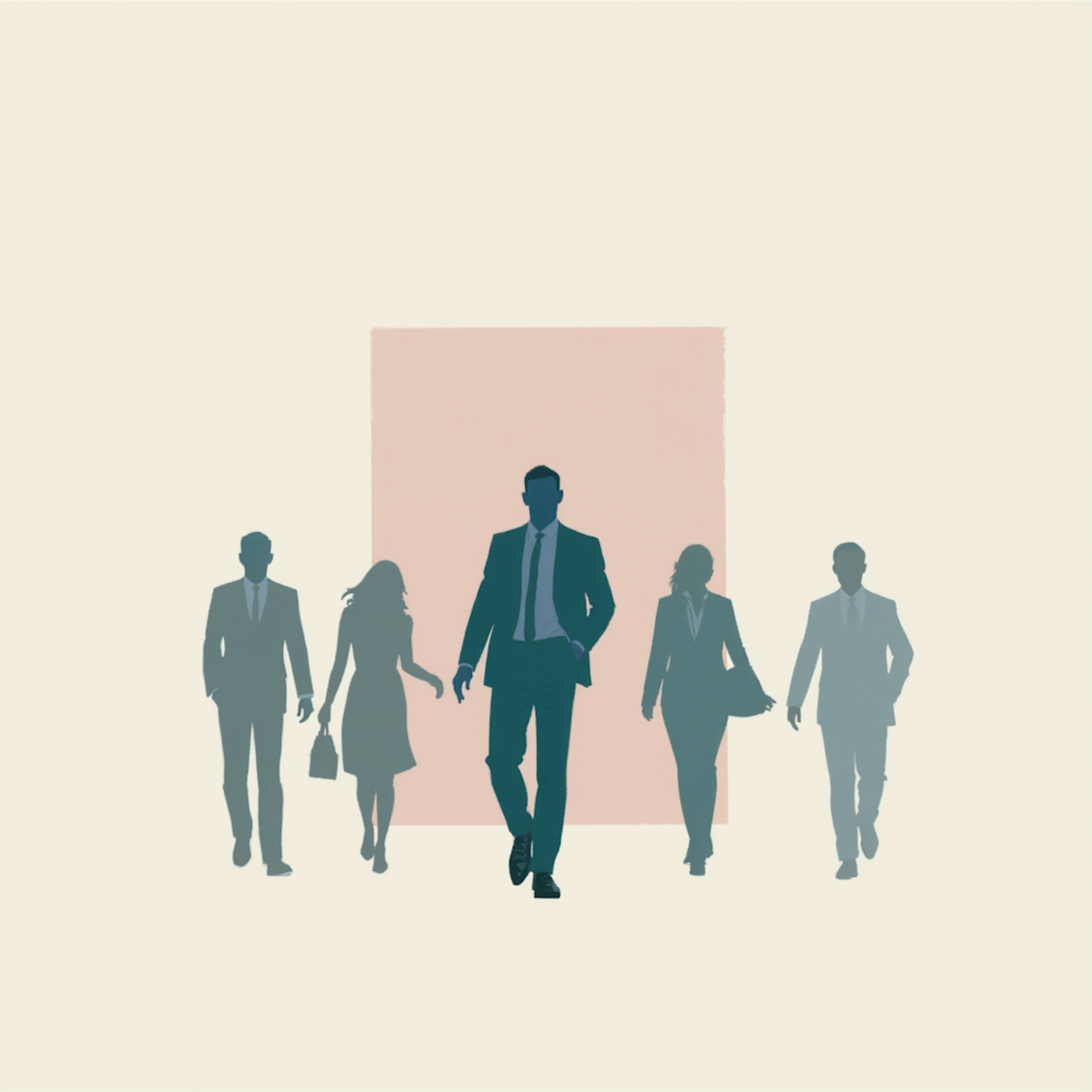 A minimalist digital illustration depicting a team of five business professionals walking confidently forward, with the central figure leading. Their silhouettes contrast against a neutral background, symbolizing leadership, teamwork, and professionalism. This visual represents the importance of the team slide in answering "what is in a pitch deck for startup," as investors look for strong, capable teams that can execute the vision and drive success.