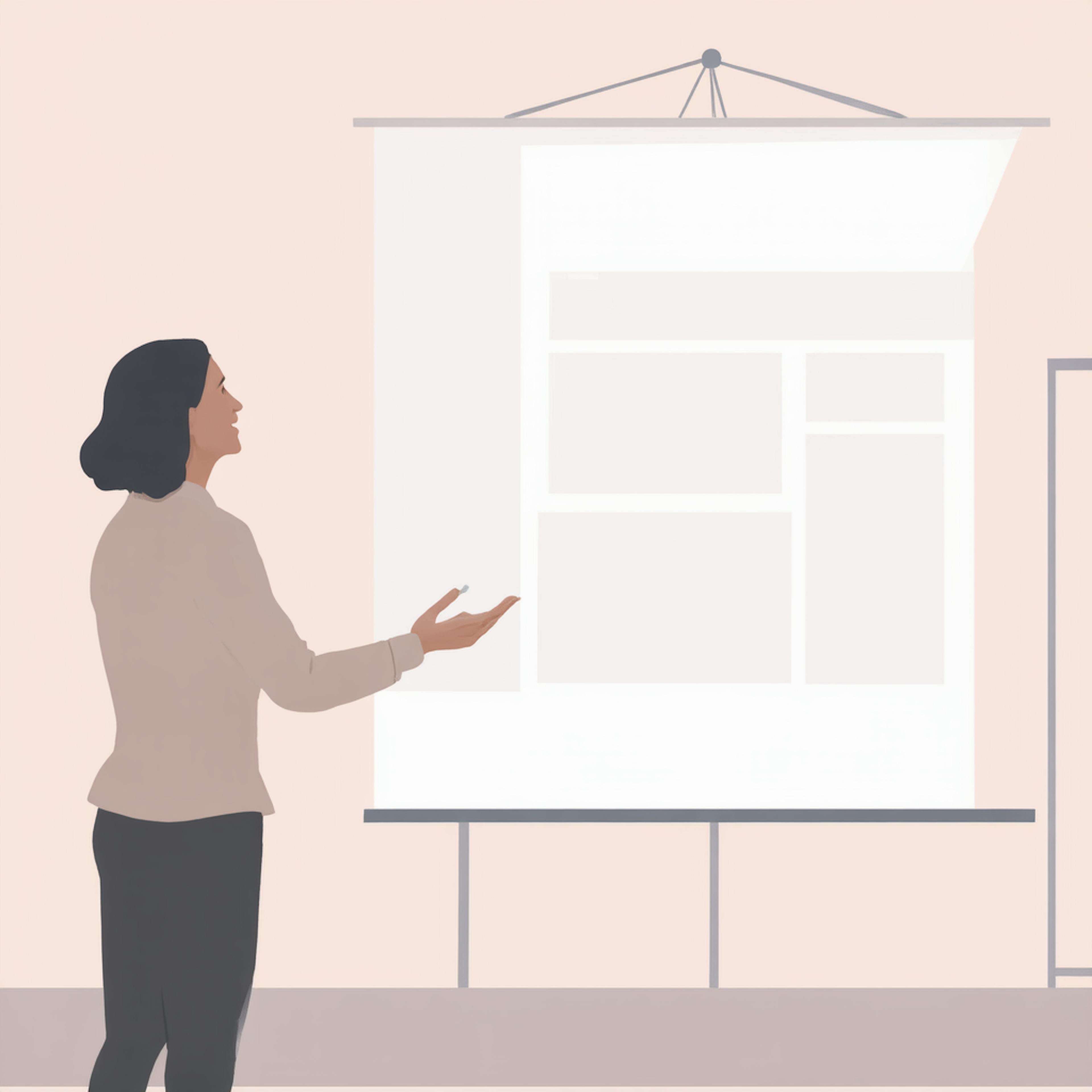 A minimalist digital illustration of a professional woman giving a presentation in front of a projection screen. She gestures towards the screen, which displays a structured layout, possibly a business plan or framework. The neutral color palette and clean design emphasize clarity and professionalism—key aspects when answering "what is in a pitch deck for startup," as a structured and visually clear presentation is essential for investor engagement.