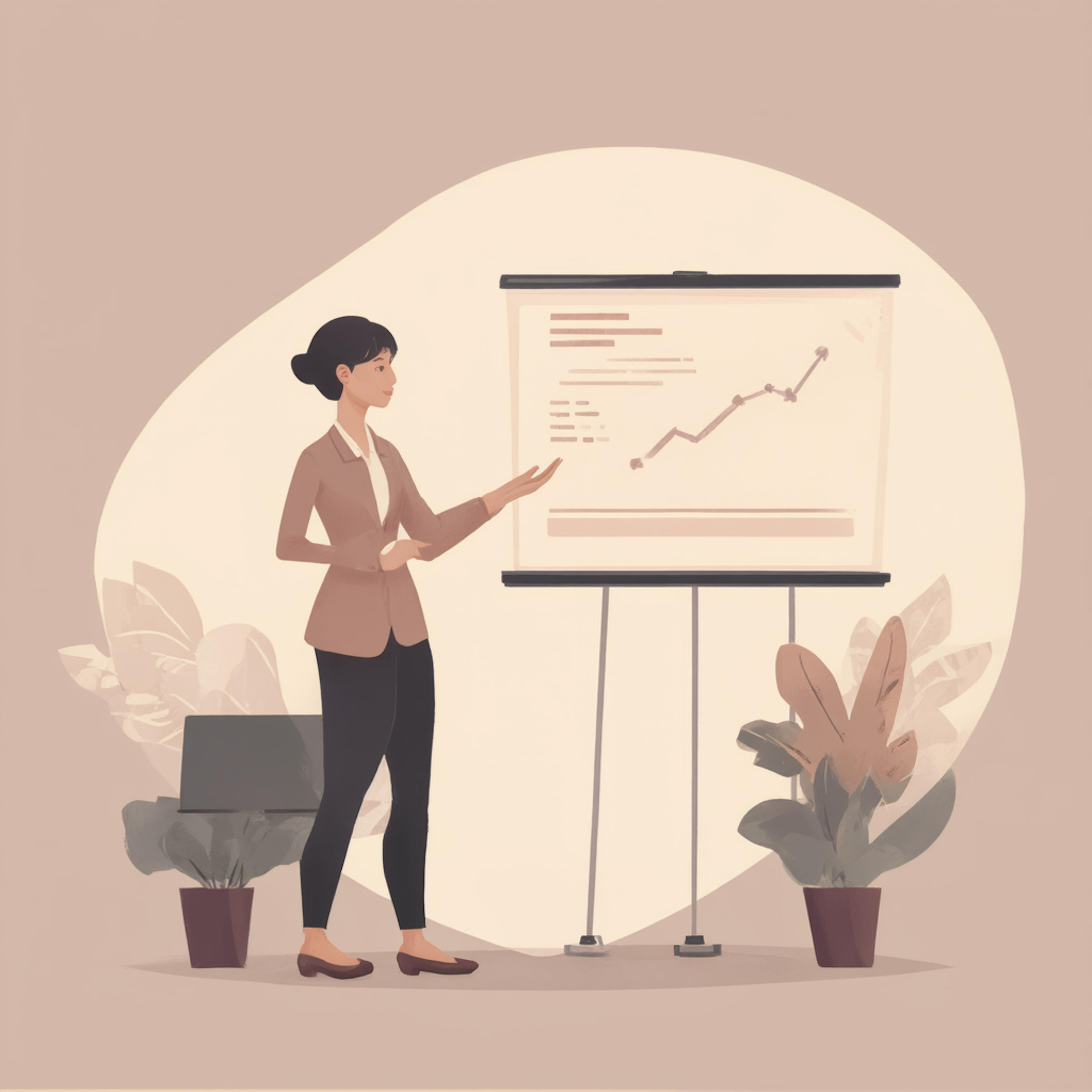 A warm-toned digital illustration of a businesswoman in a professional suit presenting a pitch deck on a flip chart. The chart displays a rising trend graph, symbolizing growth and financial projections—key components in a startup pitch deck. The surrounding potted plants create an inviting atmosphere, reinforcing the importance of a well-organized and compelling presentation when considering "what is in a pitch deck for startup."