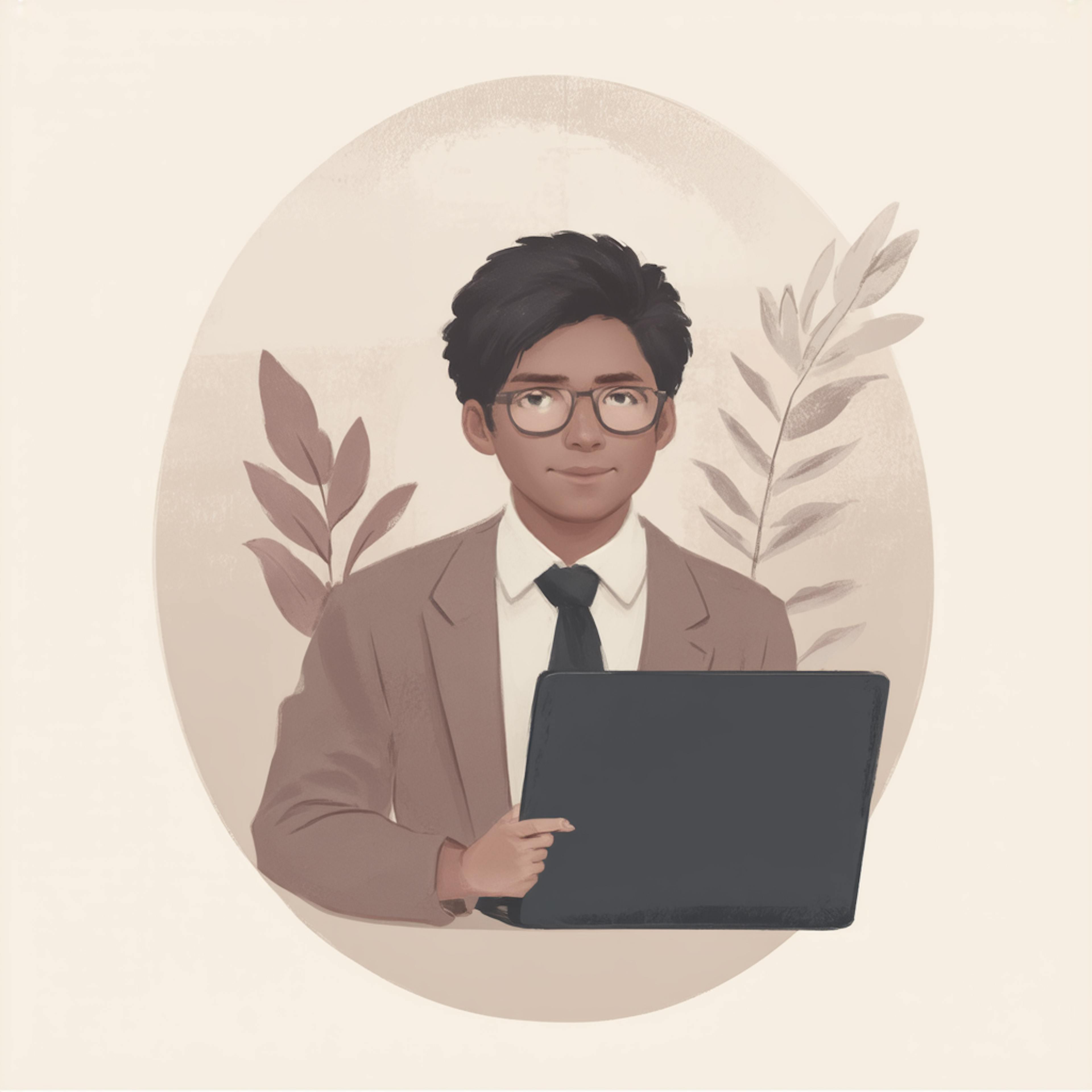 A soft-toned digital illustration of a young professional wearing glasses and a suit, holding a laptop. The background features subtle plant elements, symbolizing growth and structure. This image represents strategic planning and organization, aligning with "what is design operations" by emphasizing the role of structured workflows and efficiency in creative processes.