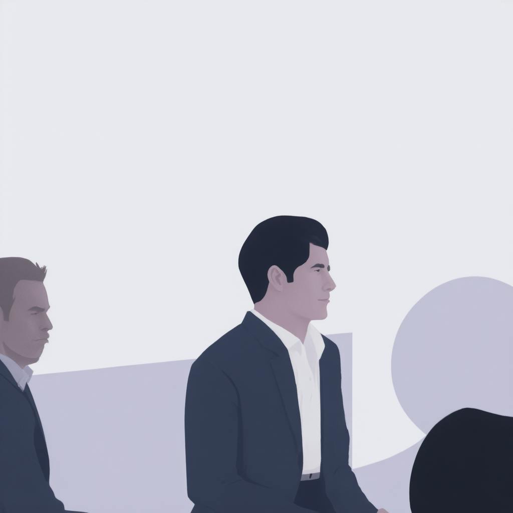A minimalist digital illustration of two business professionals sitting attentively in a meeting, dressed in formal attire. The subdued color palette conveys focus and professionalism, key aspects of "what is design operations," which involves streamlining collaboration and ensuring design teams work efficiently.