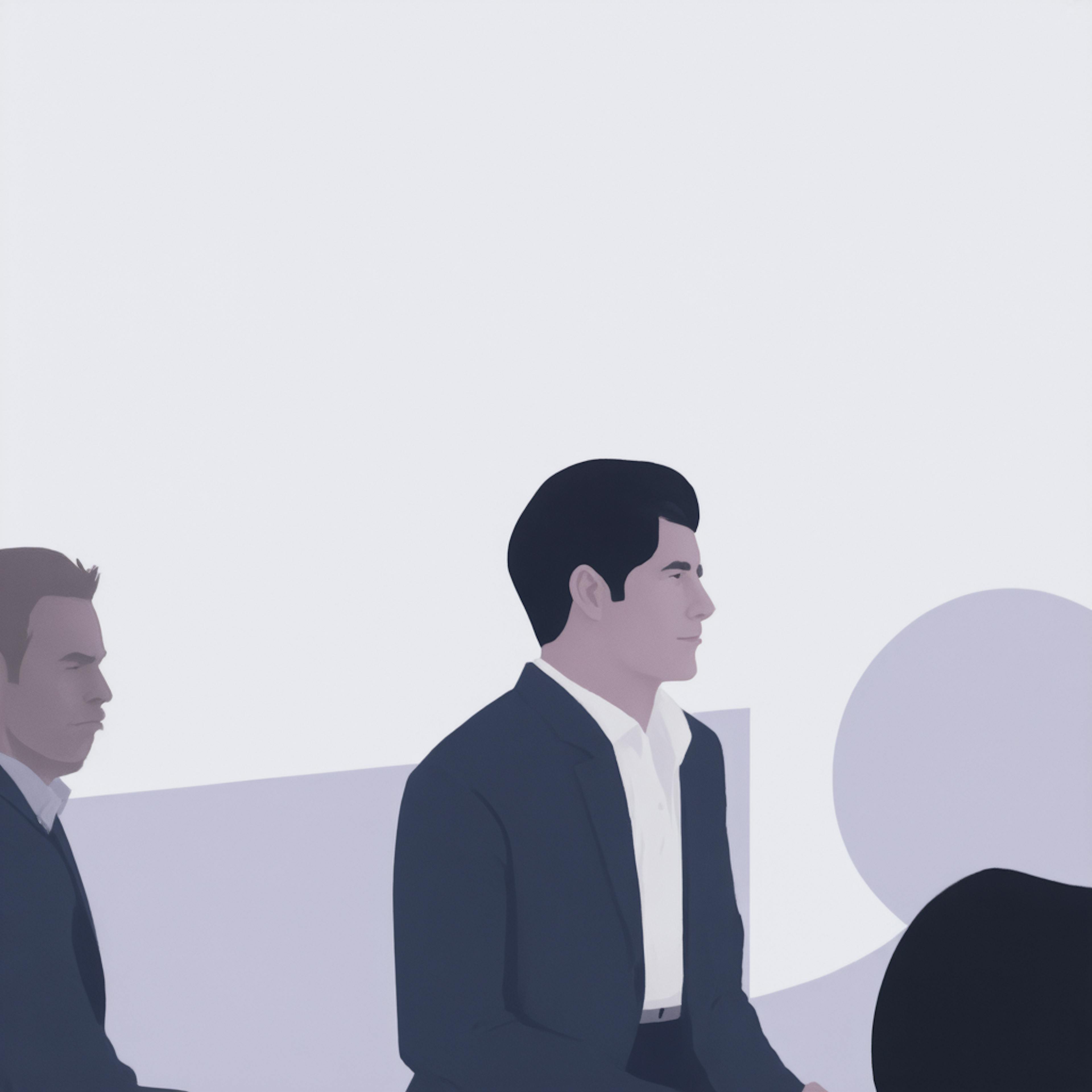 A minimalist digital illustration of two business professionals sitting attentively in a meeting, dressed in formal attire. The subdued color palette conveys focus and professionalism, key aspects of "what is design operations," which involves streamlining collaboration and ensuring design teams work efficiently.