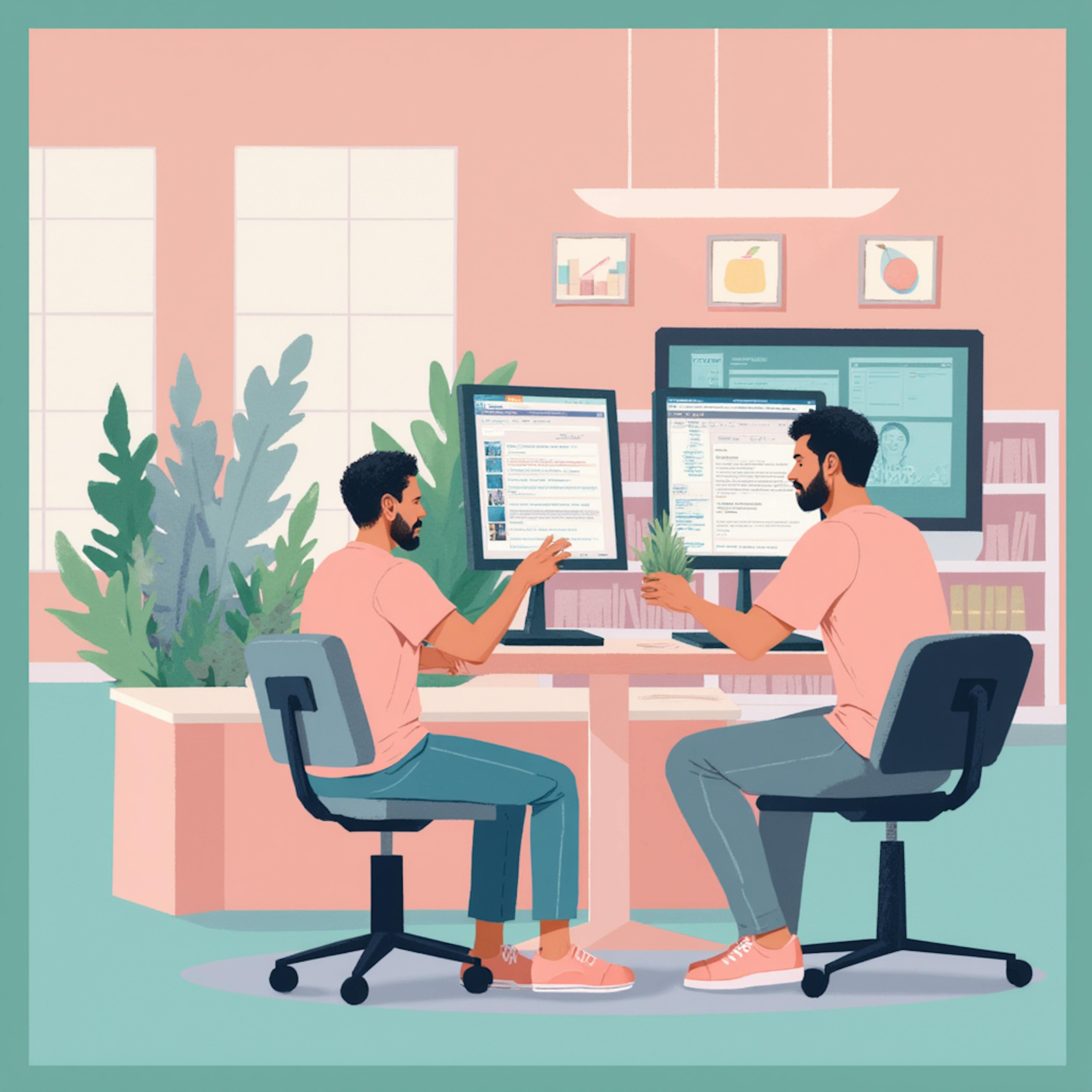 A bright and modern digital illustration of two designers collaborating in an open, well-organized workspace. The workspace includes multiple computer screens with project management tools and creative assets. The lush greenery and warm color palette create an inviting atmosphere, symbolizing productivity and harmony. This scene visually answers "what is design operations" by showcasing how structured workflows and team alignment enhance design processes.