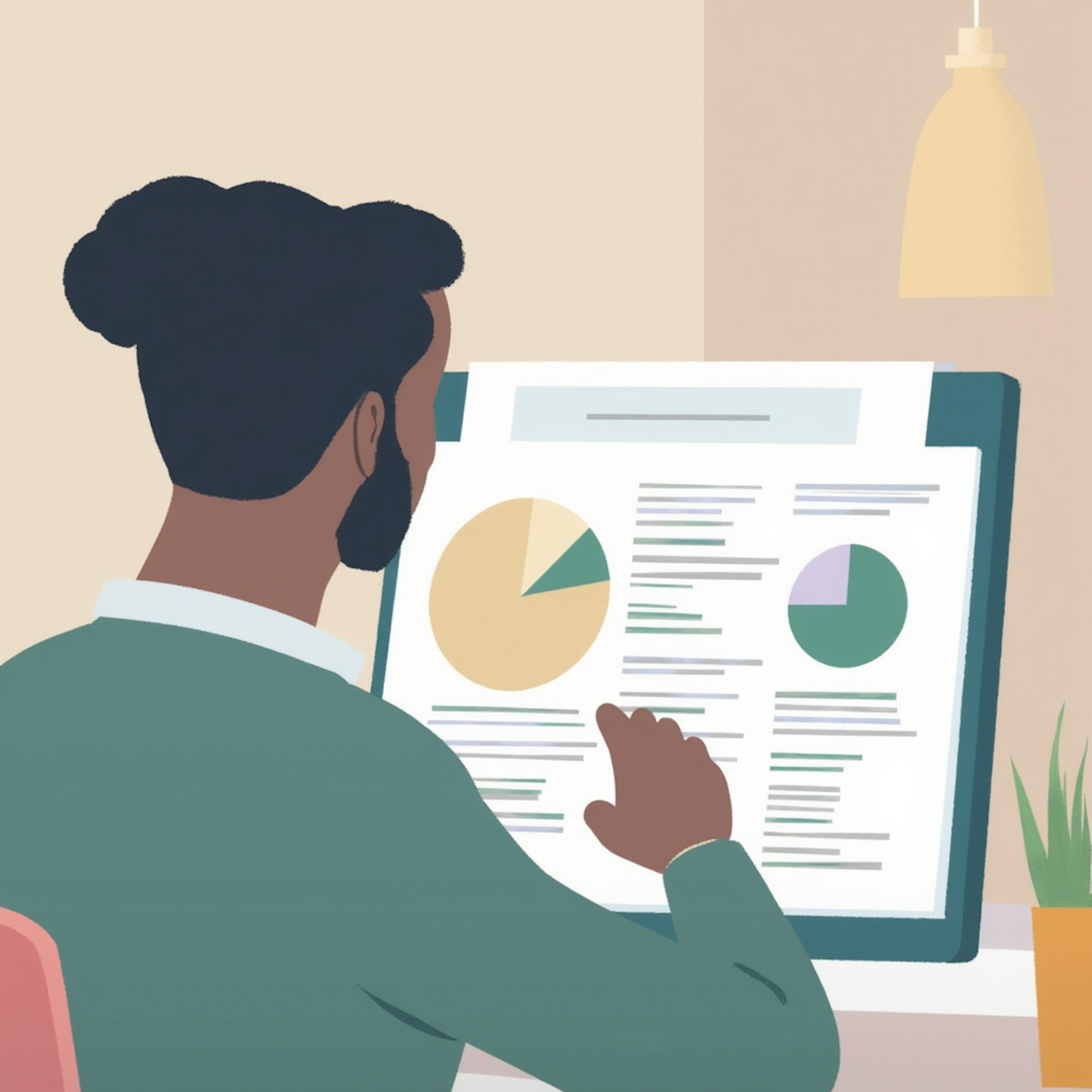 A digital illustration of a man with tied-back hair analyzing data on a computer screen. The screen displays various charts and pie graphs, indicating performance metrics and analytical insights. This represents a key step in a website audit checklist, where reviewing analytics helps assess site traffic, user engagement, and overall effectiveness.