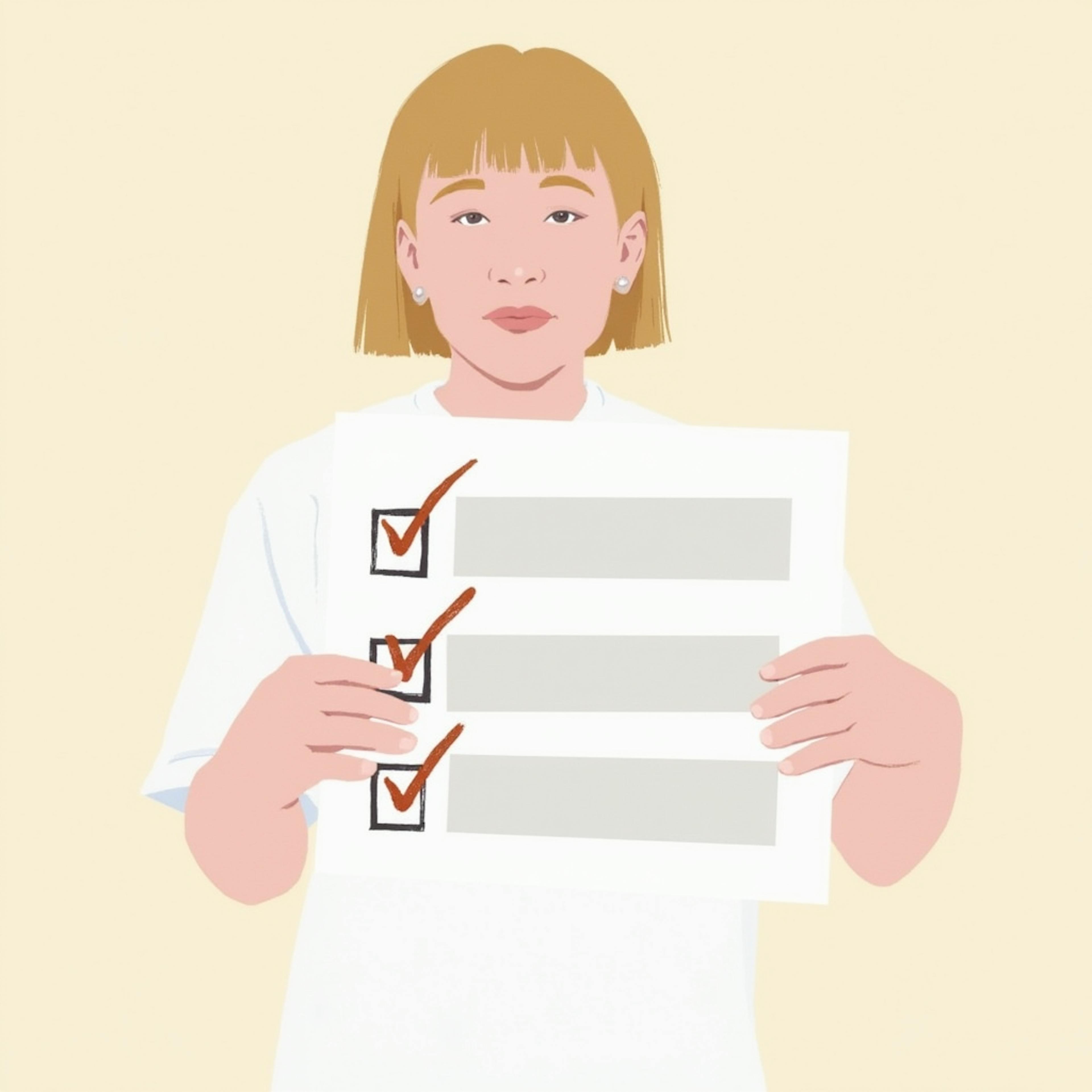 A young woman holding up a checklist with three checked boxes, symbolizing completed tasks. The neutral background and simple design highlight the importance of structured assessments. This visually represents a website audit checklist, ensuring all critical aspects, such as SEO, security, and performance, are reviewed and optimized.