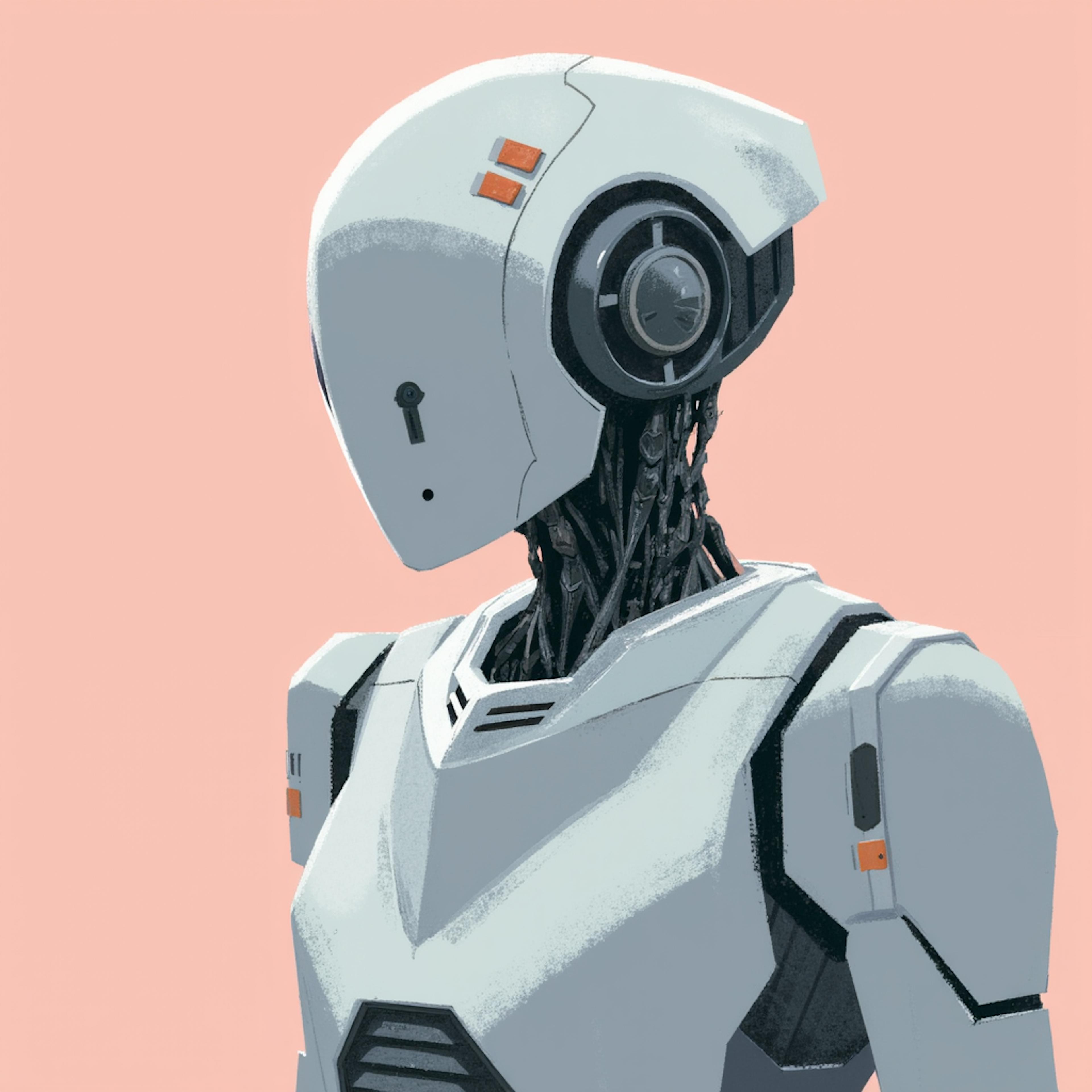 A futuristic digital illustration of a humanoid AI robot with a sleek white design and exposed mechanical wiring, set against a soft pink background. The robot's intricate construction symbolizes the advancements in artificial intelligence, directly linking to "using AI to create videos" by showcasing how AI-powered models can generate, edit, and enhance video content.