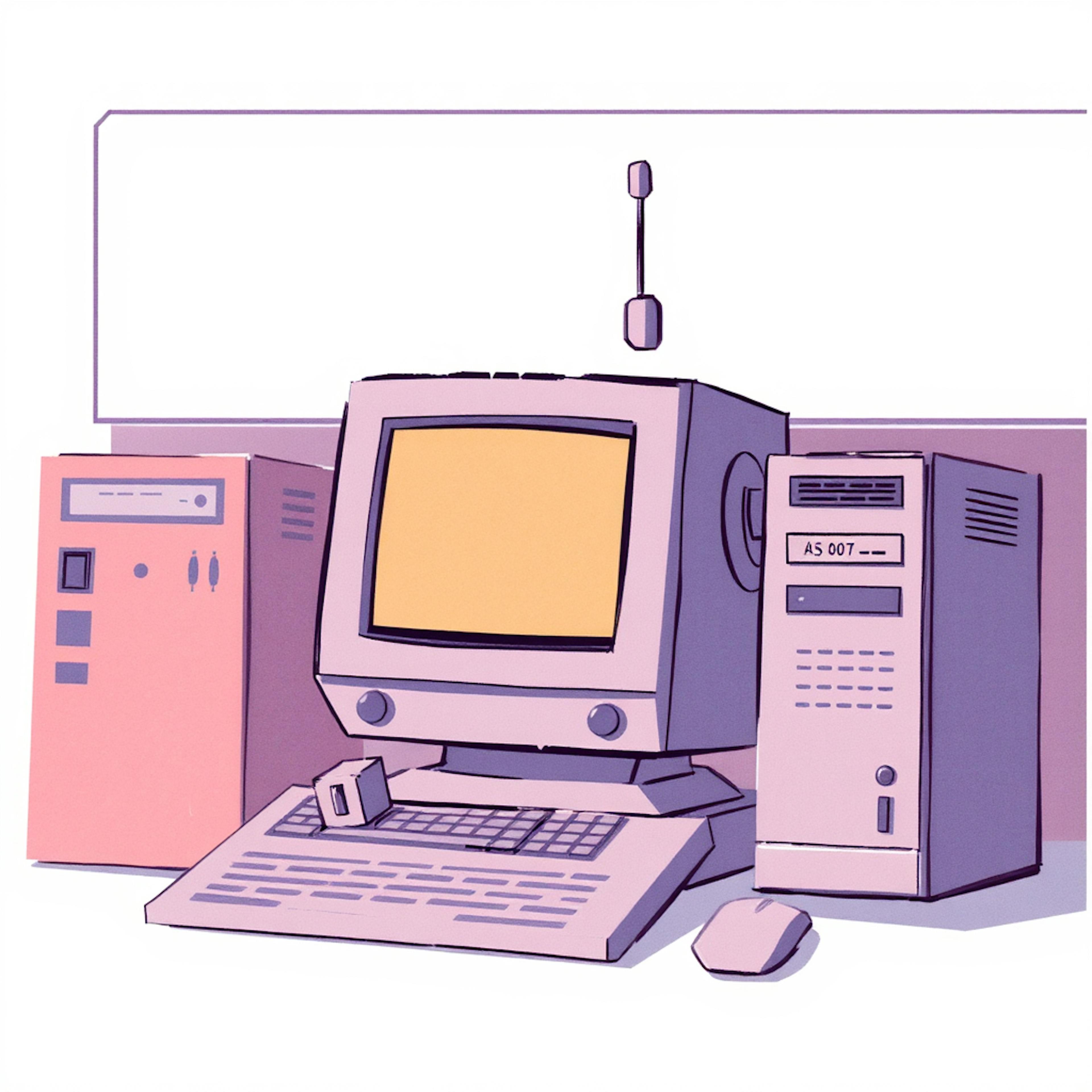 A stylized digital illustration of a vintage computer setup, featuring an old-fashioned monitor, keyboard, and CPU towers. The retro aesthetic contrasts with modern AI-driven tools, highlighting the evolution of technology. This visual connects to "using AI to create videos" by emphasizing how computing advancements have paved the way for automated content generation.