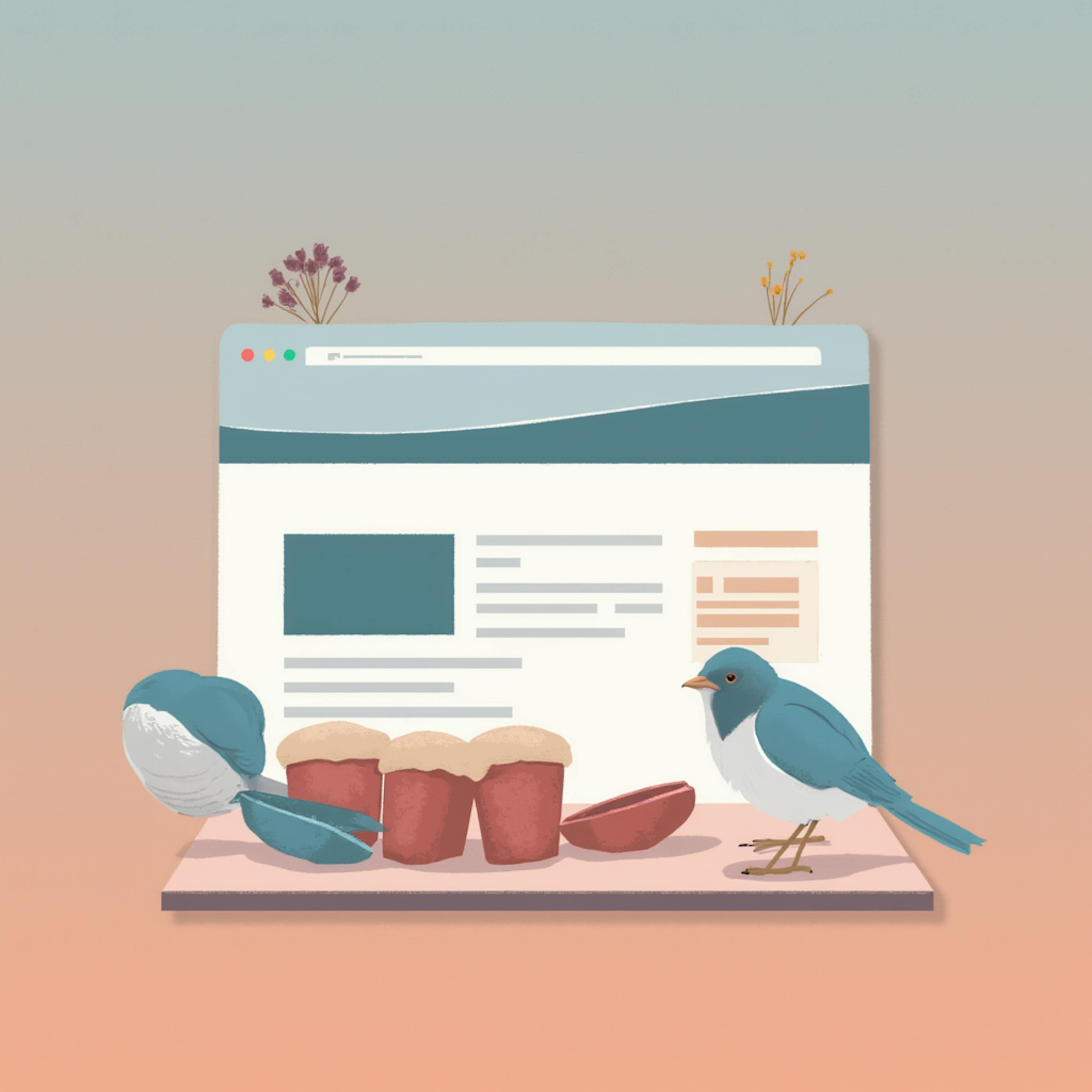 A soft pastel digital illustration of a webpage with two small birds sitting on a surface in front of it. The webpage has a clean design with a header at the top, while plants subtly grow from its edges. This artwork represents "the purpose of a page header" by emphasizing structure, organization, and how headers guide user navigation on a website.