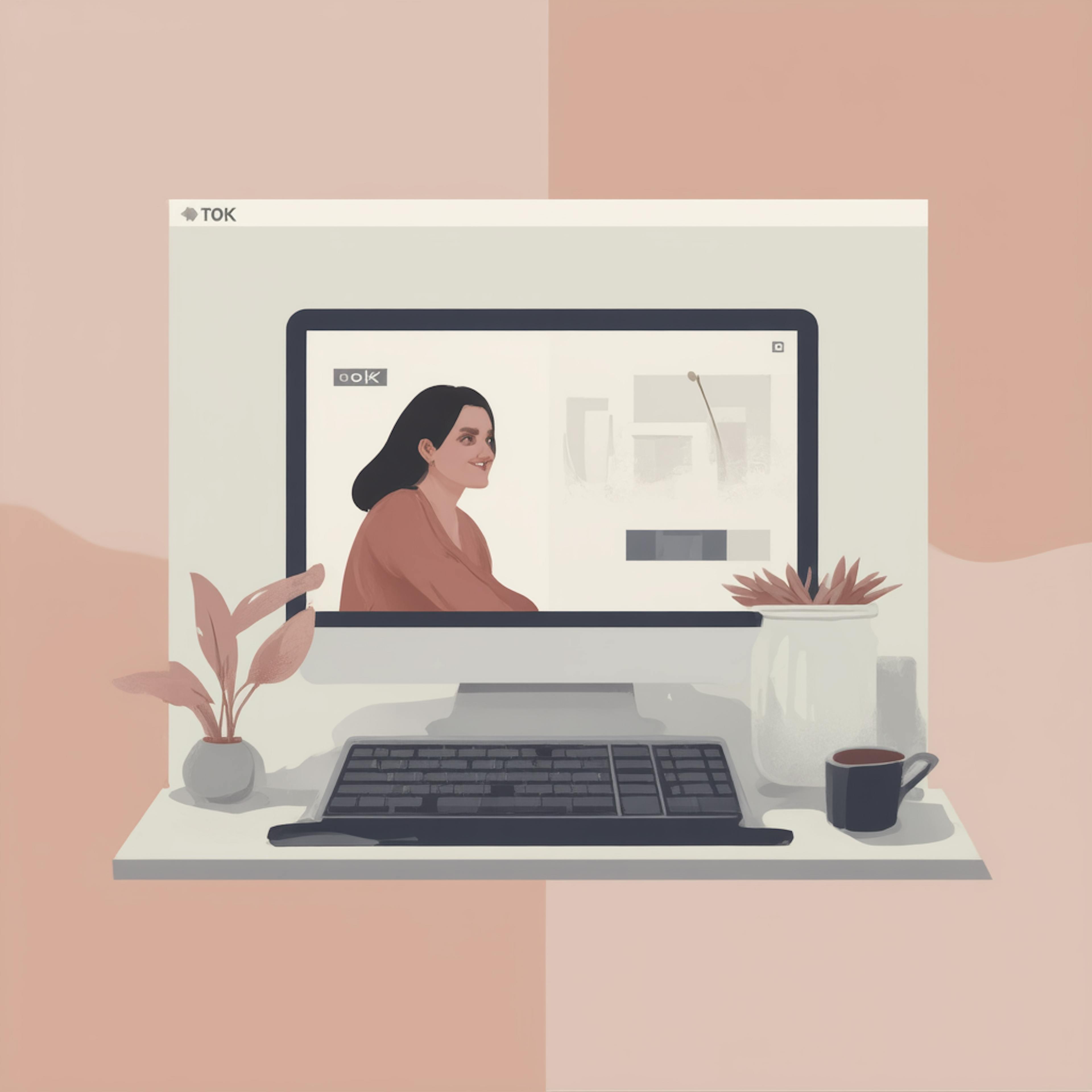 A warm, minimalist digital illustration of a computer setup with a large screen displaying a webpage where a woman is visible. The well-organized workspace, complete with plants and a coffee cup, highlights a structured and user-friendly web experience. This image aligns with "the purpose of a page header" by showing how headers create a clear layout for content accessibility.