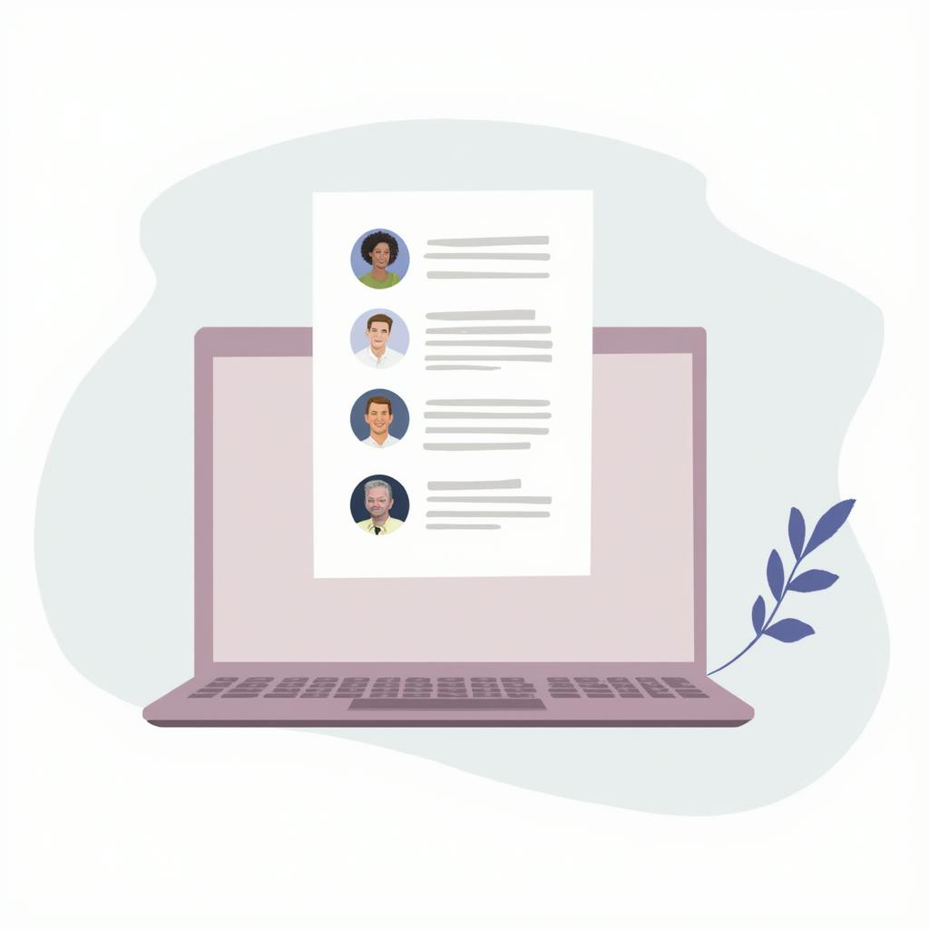 A sleek digital illustration of a laptop with a floating document displaying user profile icons and text. The minimalistic design and clean interface represent "modern iconography UI 2025," where intuitive and visually appealing icons enhance user experience and profile navigation.